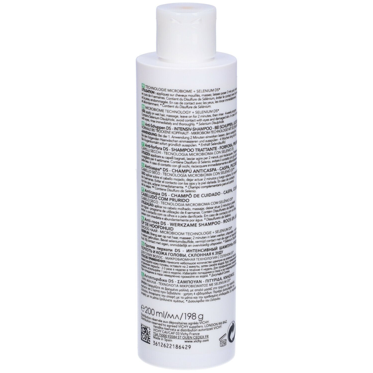 Retro di una bottiglia di shampoo. Testo in più lingue. Scritta: Dercos Technique, Anti-forfora, Shampoo dermatologico.