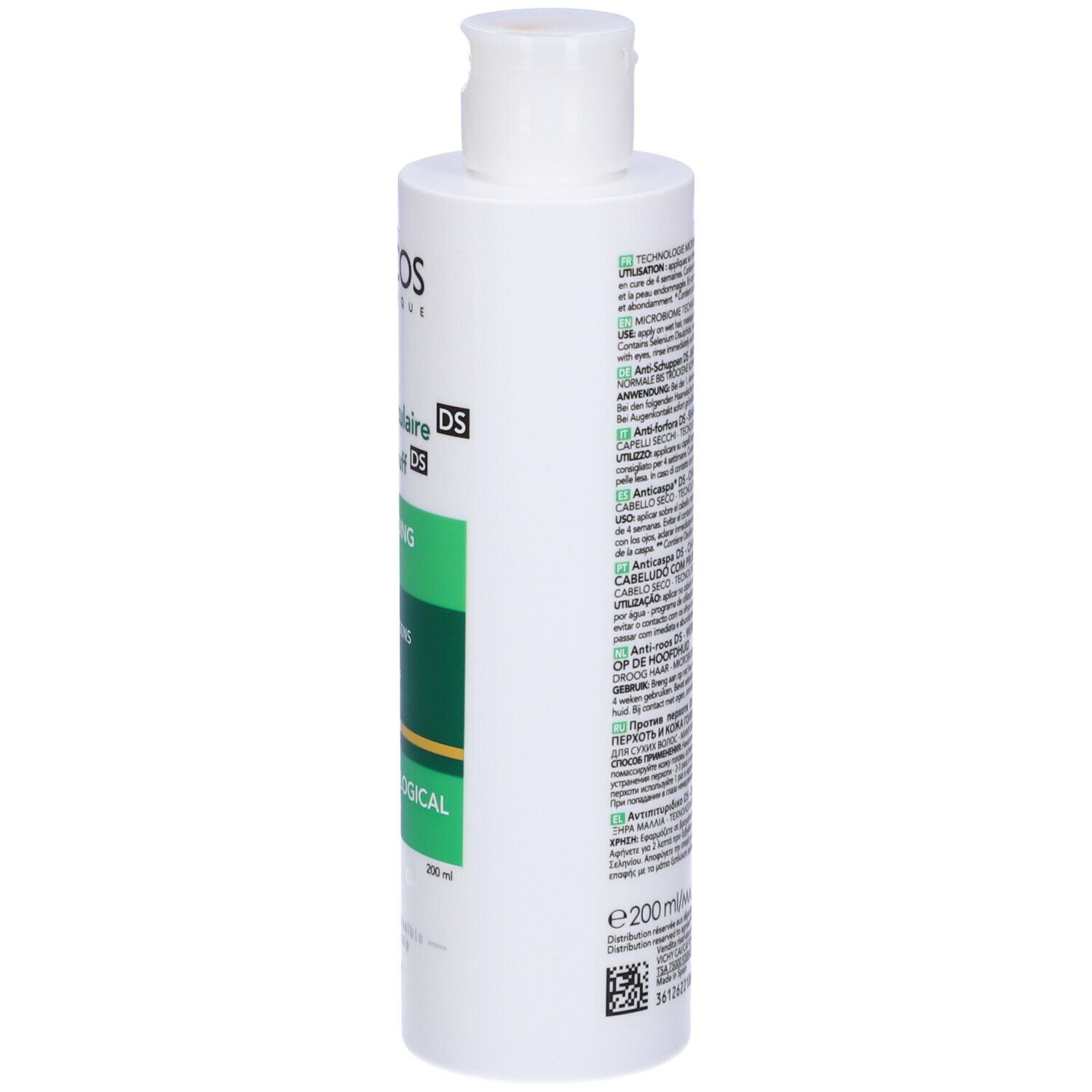 Shampoo bianco con etichetta verde. Scritta: Dercos Technique, Anti-forfora, Shampoo dermatologico.