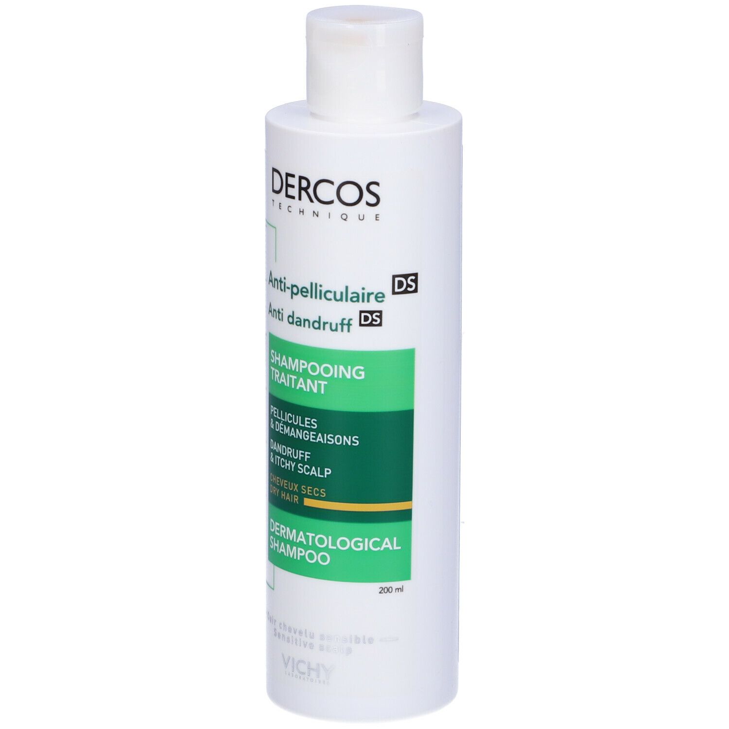 Shampoo bianco con etichetta verde. Scritta: Dercos Technique, Anti-forfora, Shampoo dermatologico.