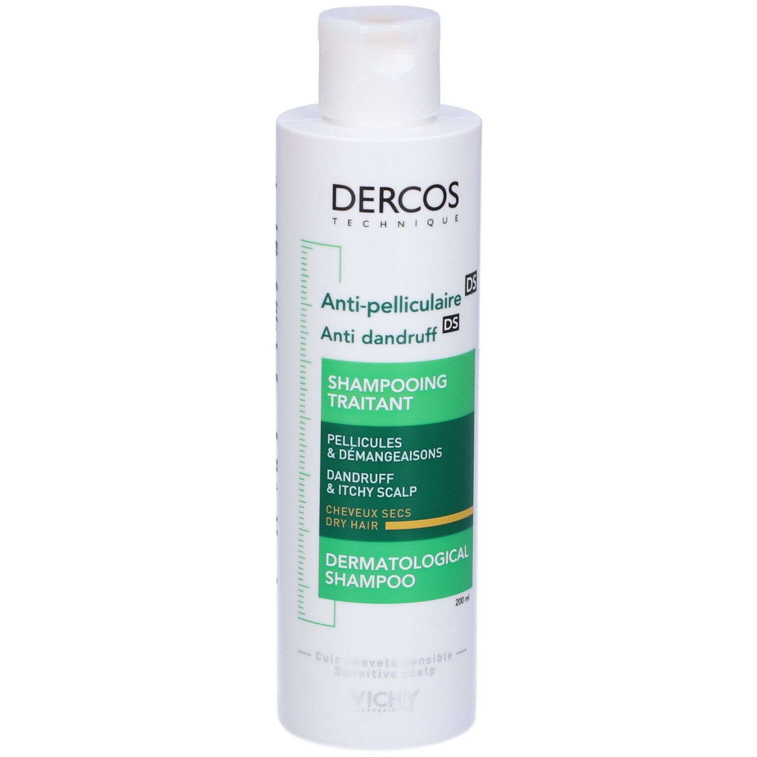 Shampoo bianco con etichetta verde. Scritta: Dercos Technique, Anti-forfora, Shampoo dermatologico.