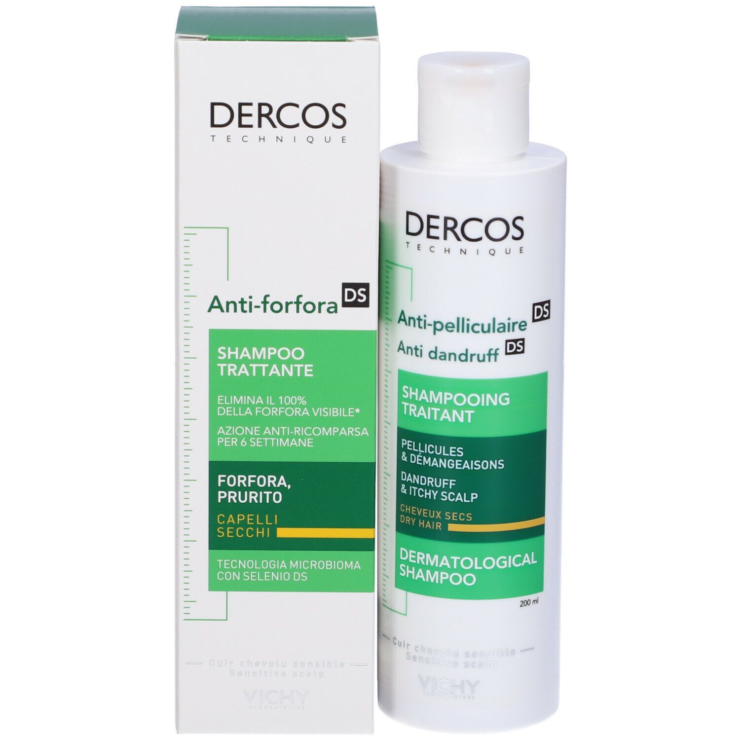 Confezione di shampoo Dercos. Bianco con etichetta verde. Scritta: Anti-forfora, shampoo, dermatologico.