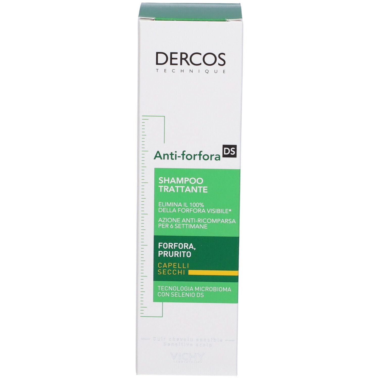 Confezione di shampoo Dercos. Bianco con etichetta verde. Scritta: Anti-forfora, shampoo, dermatologico.