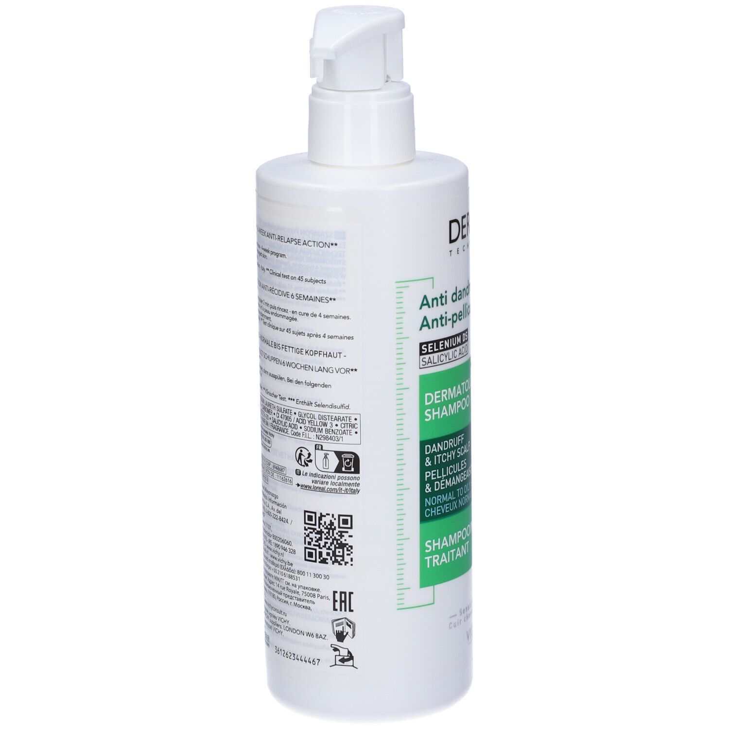Shampoo bianco con pompa. Retro con testo e codice QR. Scritta: DERCOS, Anti-forfora.