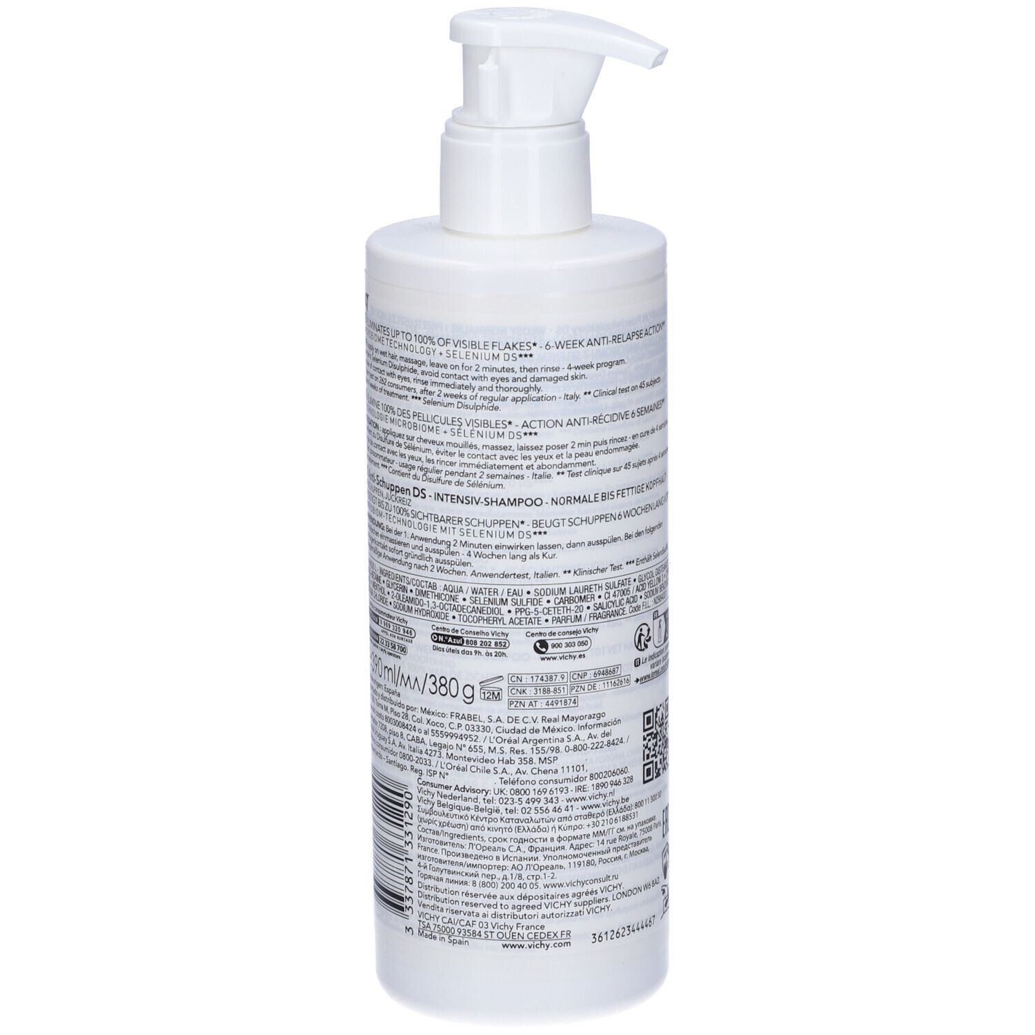 Shampoo bianco con pompa. Retro con testo. Scritta: DERCOS, Anti-forfora. Shampoo intensivo.