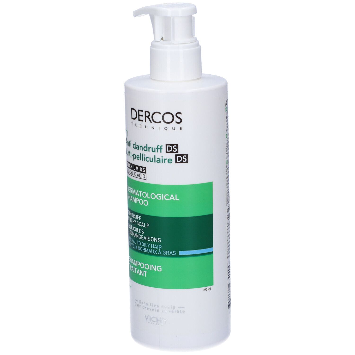 Shampoo bianco con pompa. Scritta: DERCOS, Anti-forfora. Shampoo dermatologico.