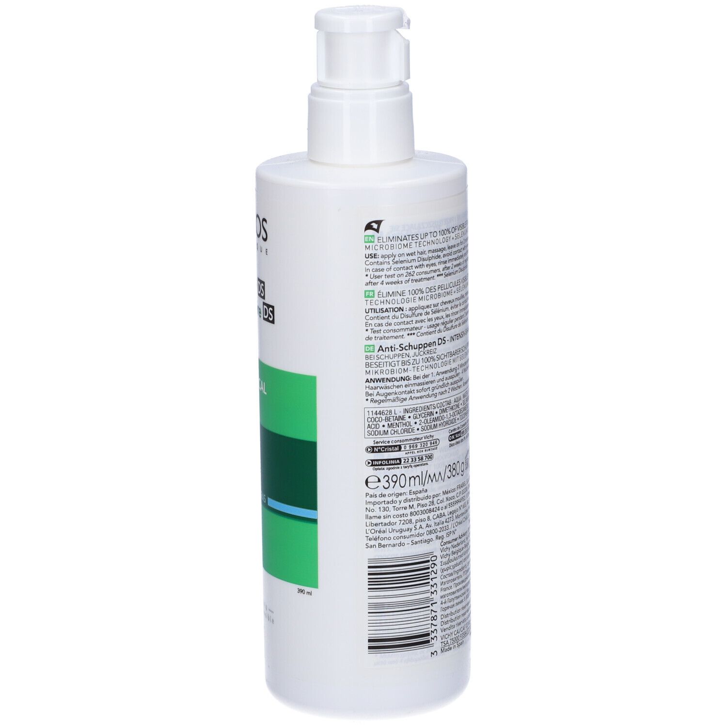 Shampoo bianco con pompa. Retro con testo. Scritta: DERCOS, Anti-forfora. 390ml.