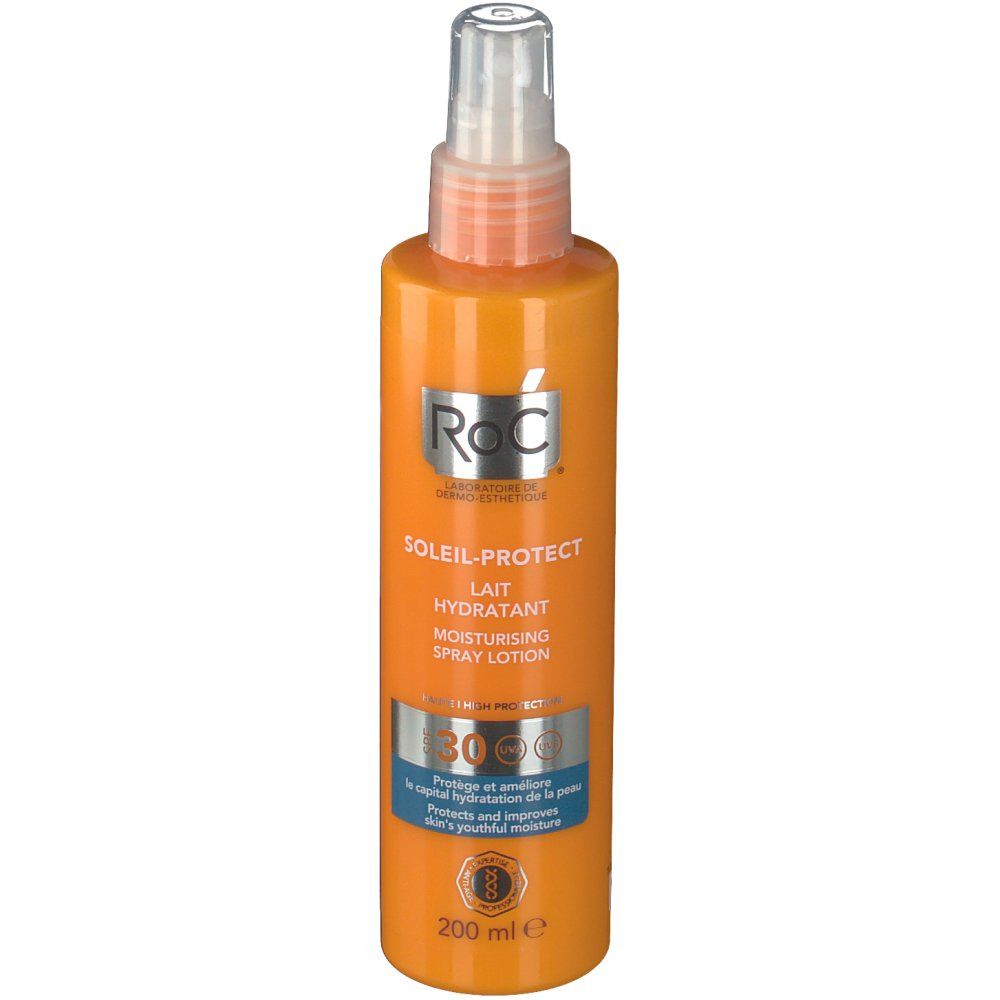 Flacone arancione con vaporizzatore. Scritte: Roc, Soleil-Protect, Lait Hydratant, Moisturising Spray Lotion, SPF 30. 200 ml.