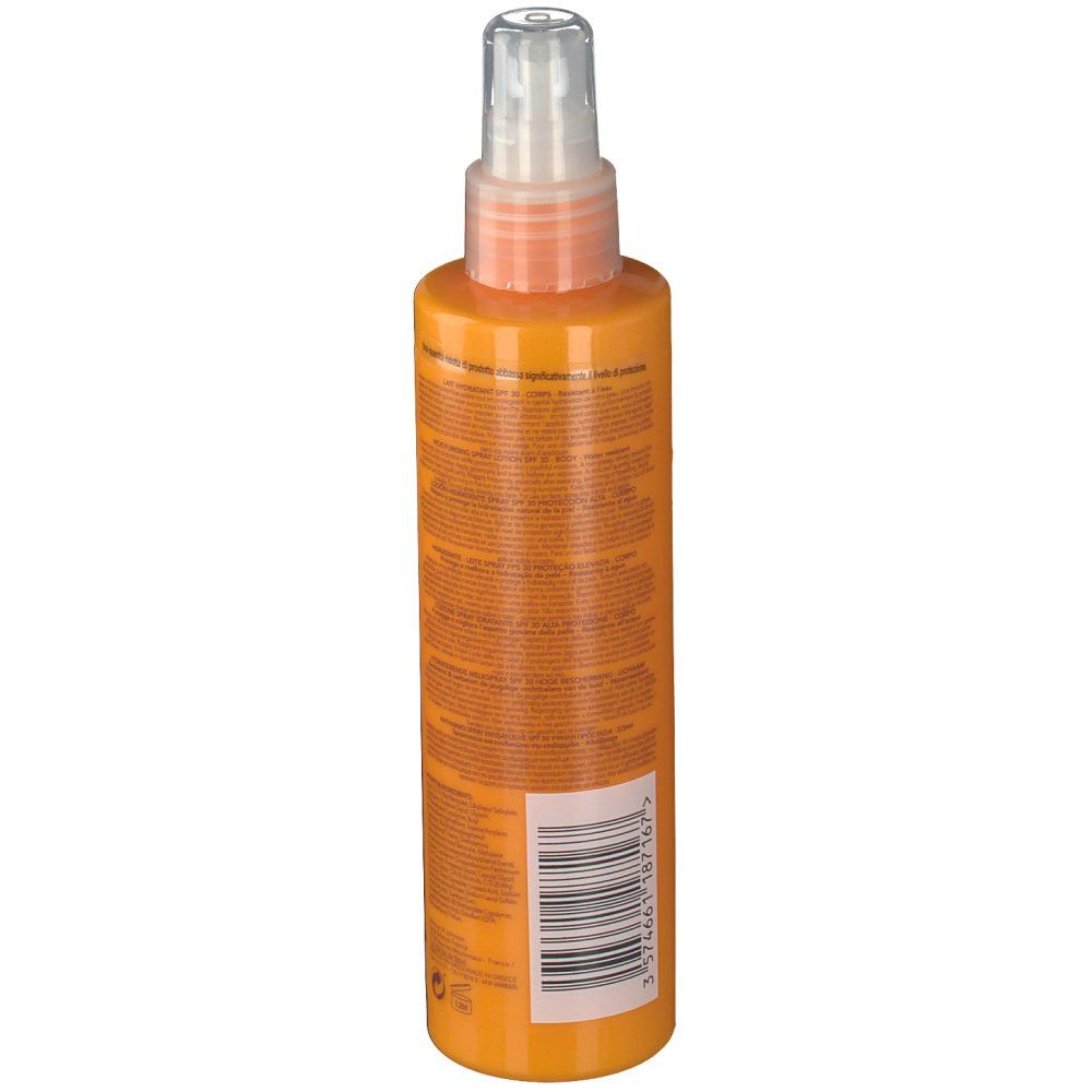 Retro di un flacone arancione con vaporizzatore. Testo e codice a barre.