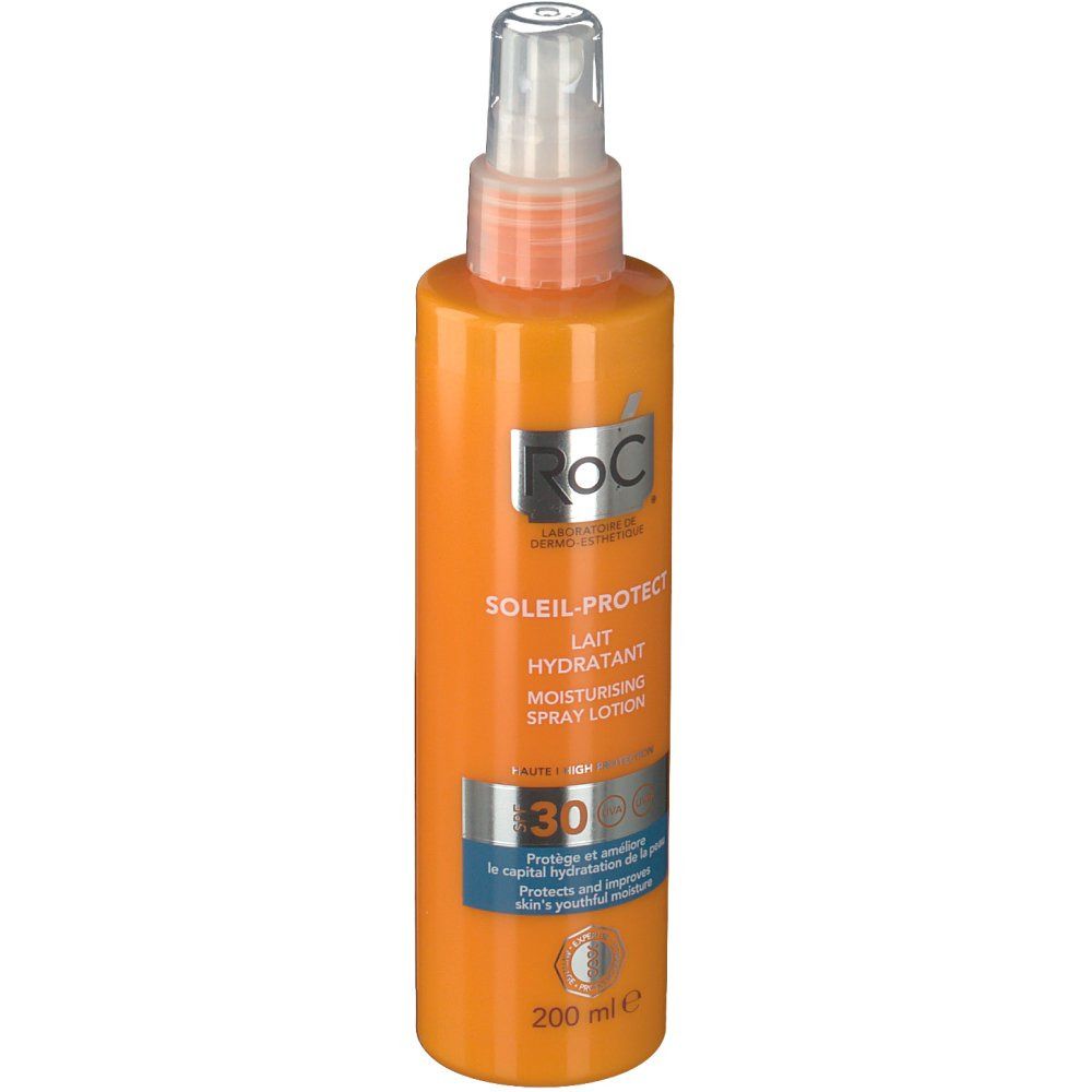 Flacone arancione con vaporizzatore. Scritte: Roc, Soleil-Protect, Lait Hydratant, Moisturising Spray Lotion, SPF 30. 200 ml.