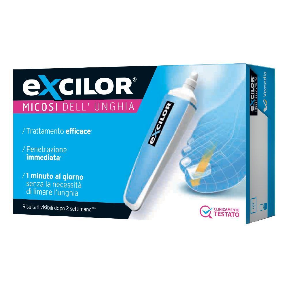 Scatola blu e bianca con immagine del prodotto e piede. Testo: Excilor, Micosis dell'unghia, clinicamente testato.