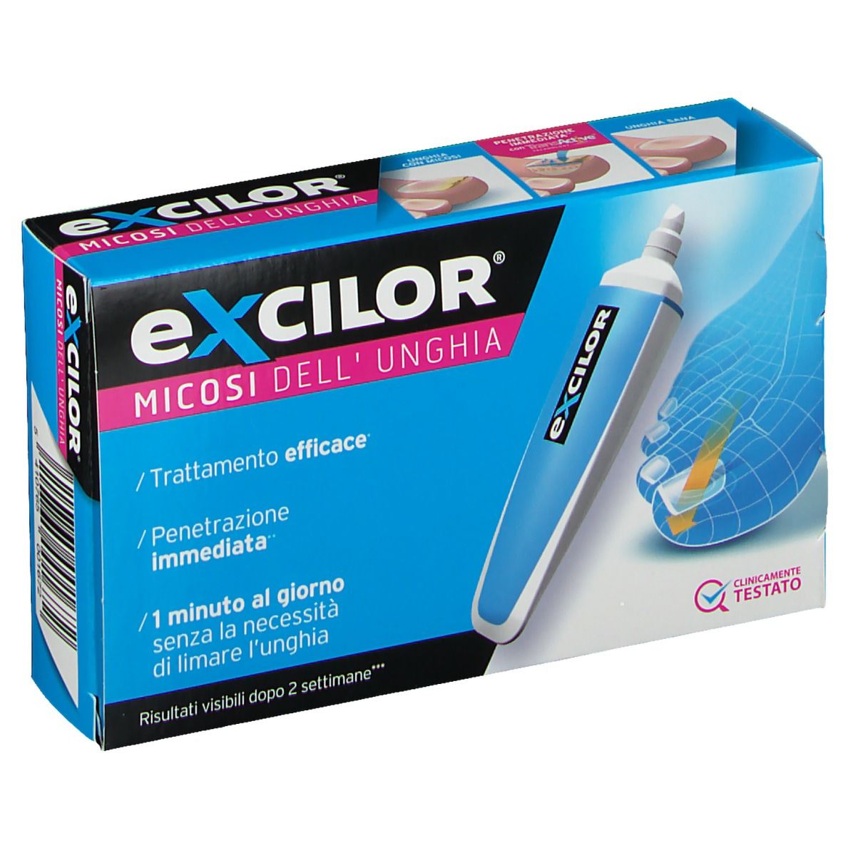 Confezione del prodotto con immagine e piede. Testo: Excilor, Micosis dell'unghia, clinicamente testato. Tre immagini di unghie.