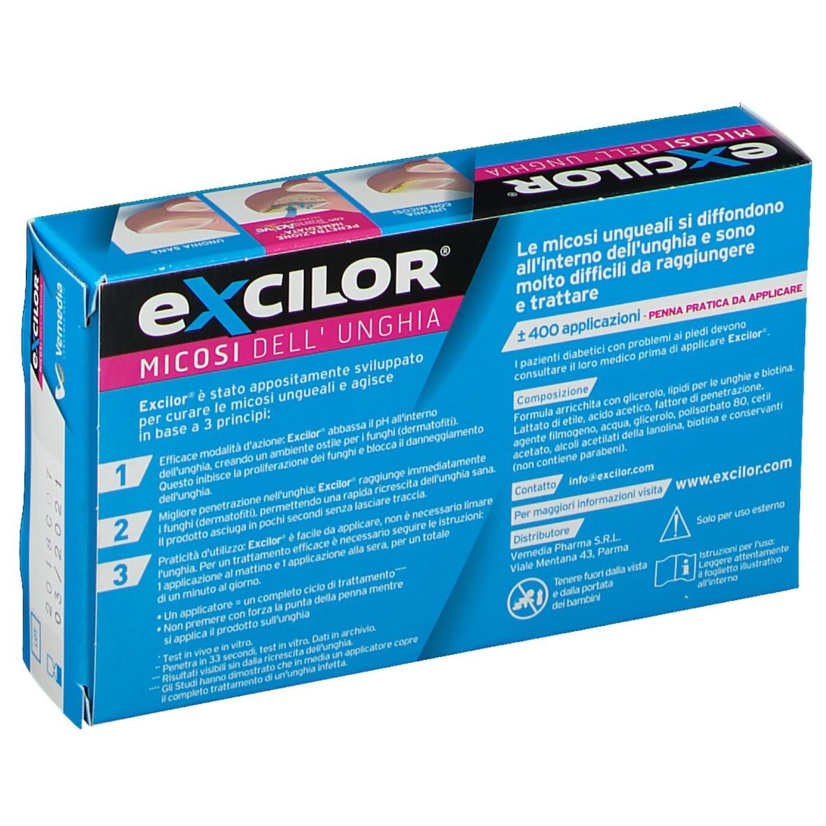 Retro della confezione del prodotto. Testo: Excilor, Micosis dell'unghia. Ingredienti e istruzioni per l'uso.