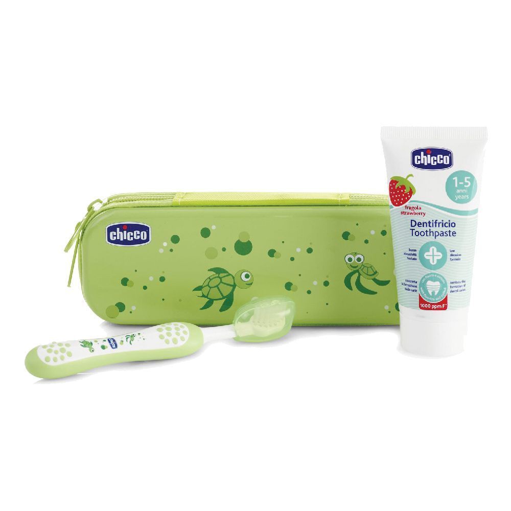 Astuccio verde con spazzolino, dentifricio e accessori. Punti verdi e tartarughe disegnate sull'astuccio.