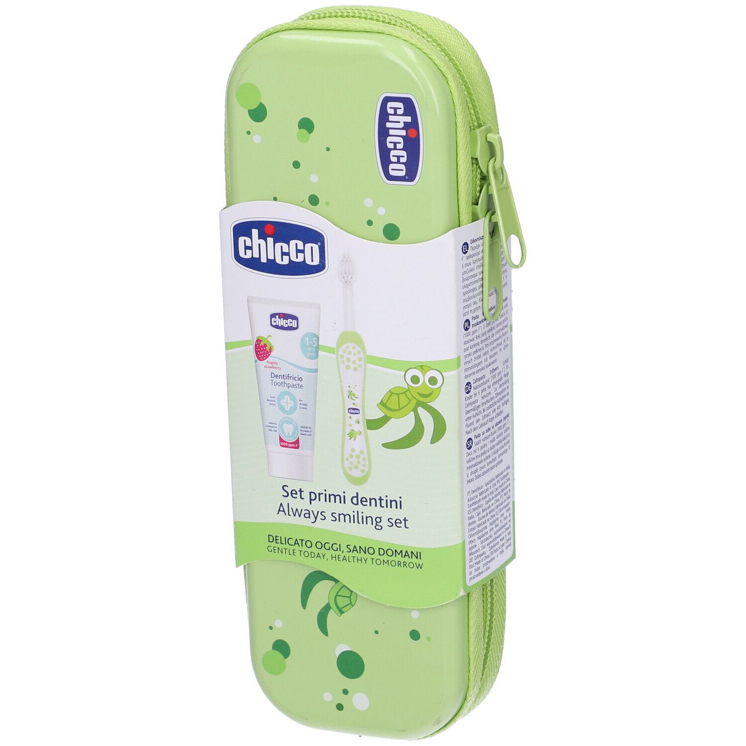 Astuccio verde con zip, spazzolino e dentifricio. Confezione con informazioni sul prodotto e logo.