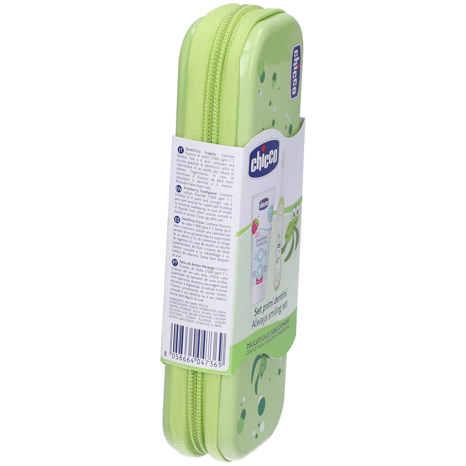 Astuccio verde con zip e informazioni sul prodotto. Sulla confezione sono presenti dettagli e il logo.