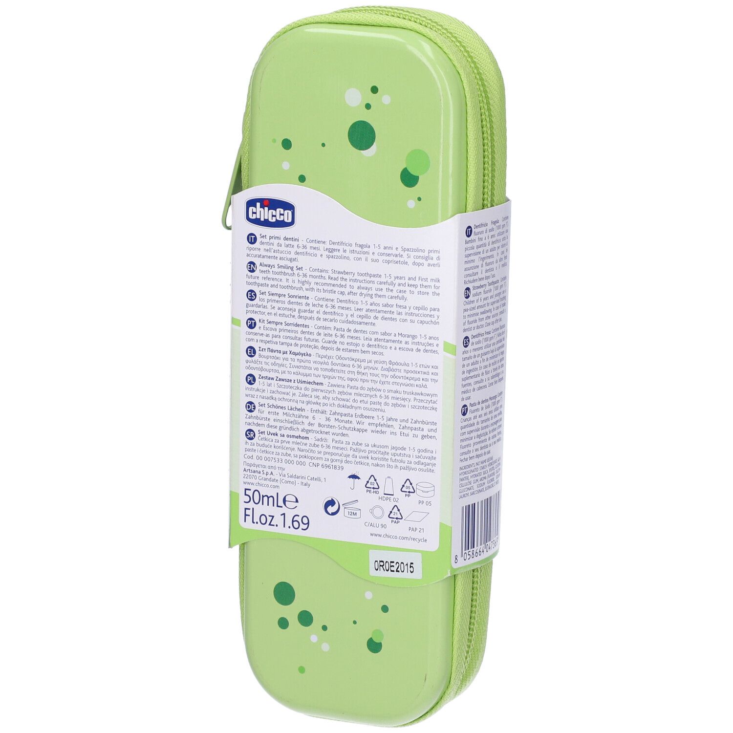Astuccio verde con zip e informazioni sul prodotto. Sulla confezione sono presenti dettagli e il logo.