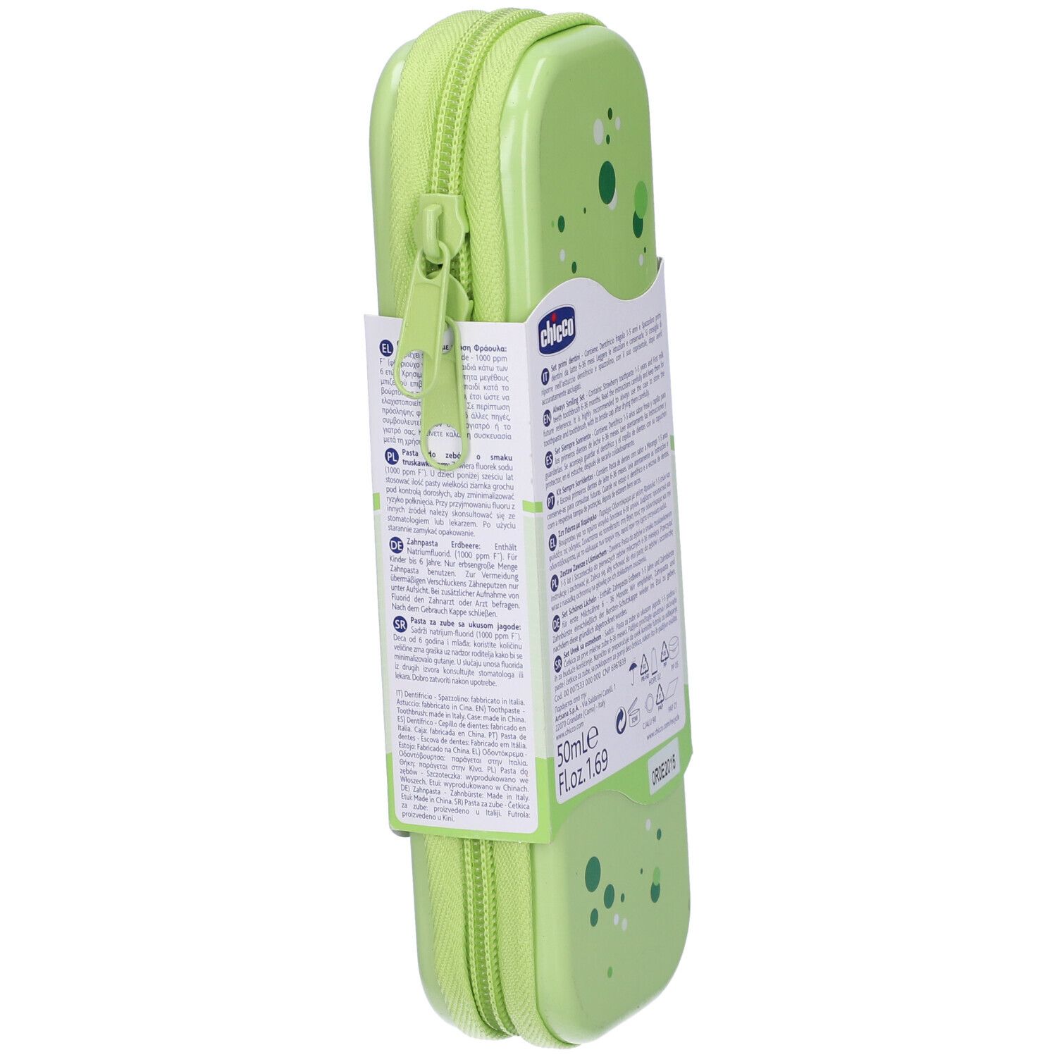 Astuccio verde con zip e informazioni sul prodotto. Sulla confezione sono presenti dettagli e il logo.