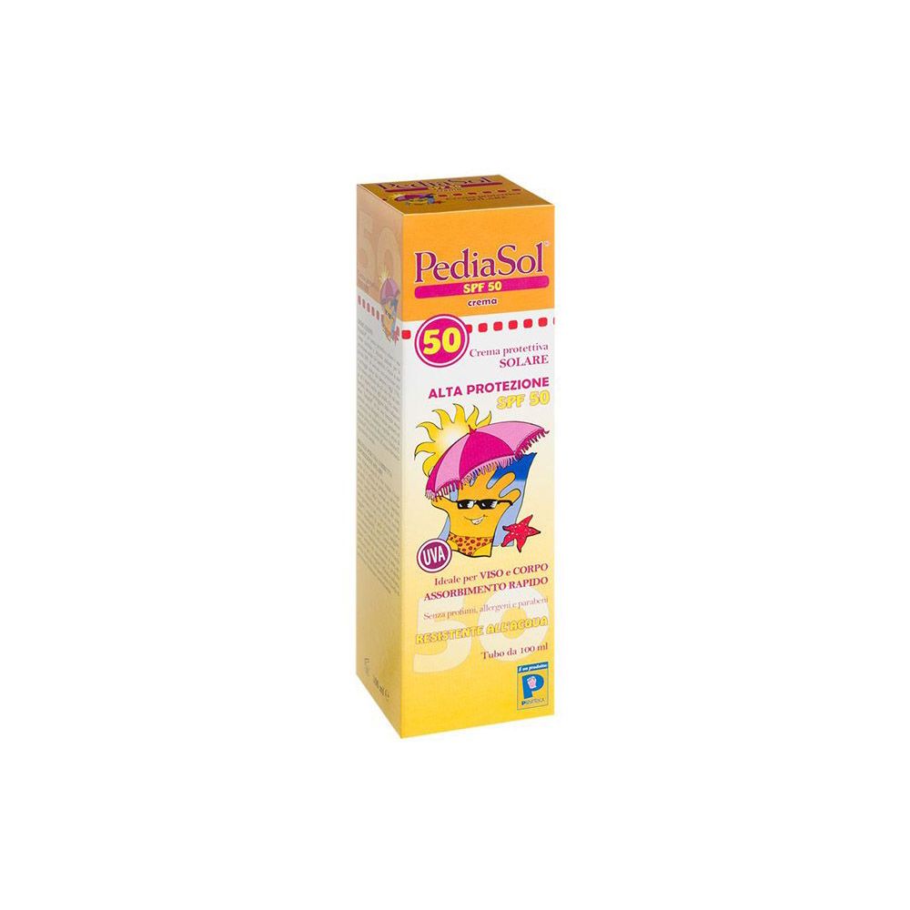 Scatola gialla con nome del prodotto e SPF 50. Illustrazione di un ombrellone con occhiali da sole. Testo in italiano.