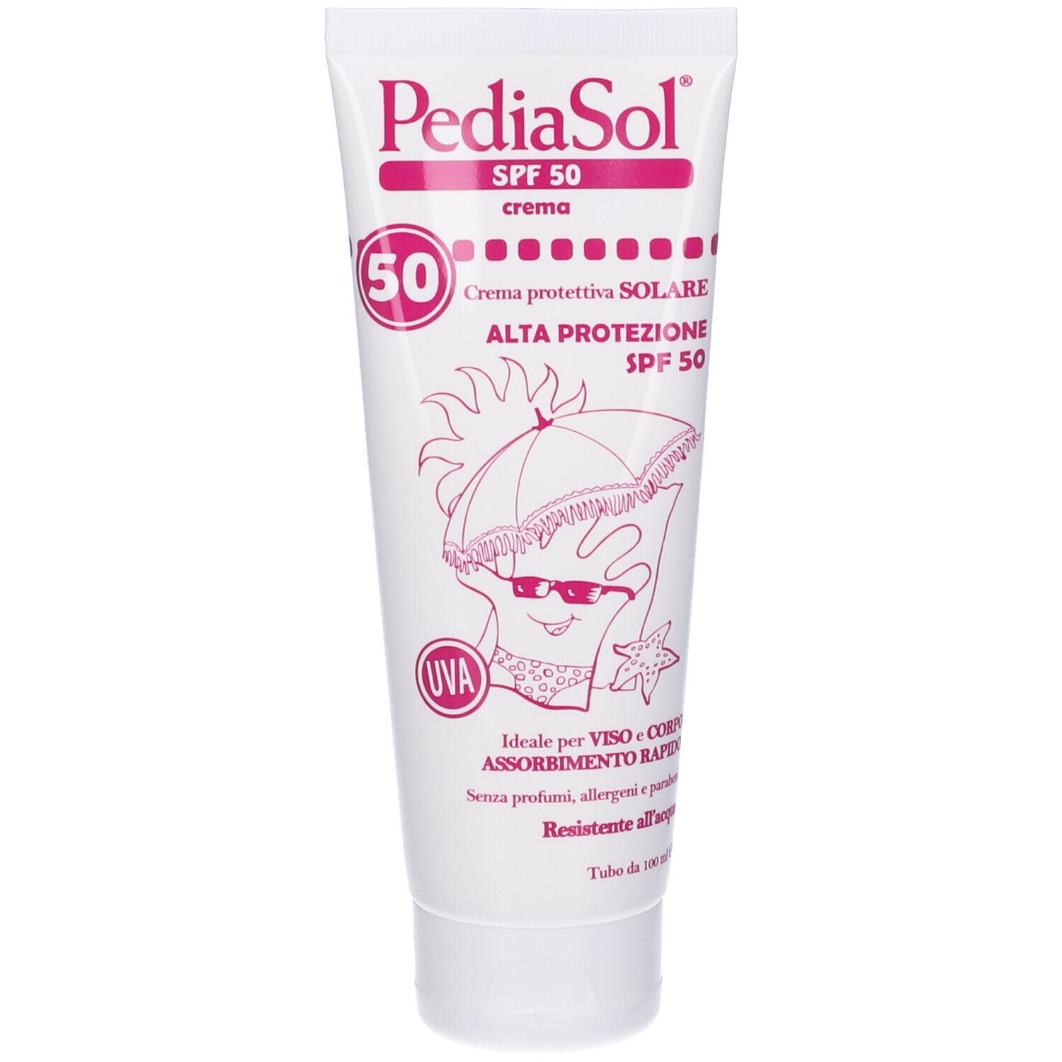 Tubo bianco con nome del prodotto e SPF 50. Illustrazione di un ombrellone con occhiali da sole. Testo in italiano.