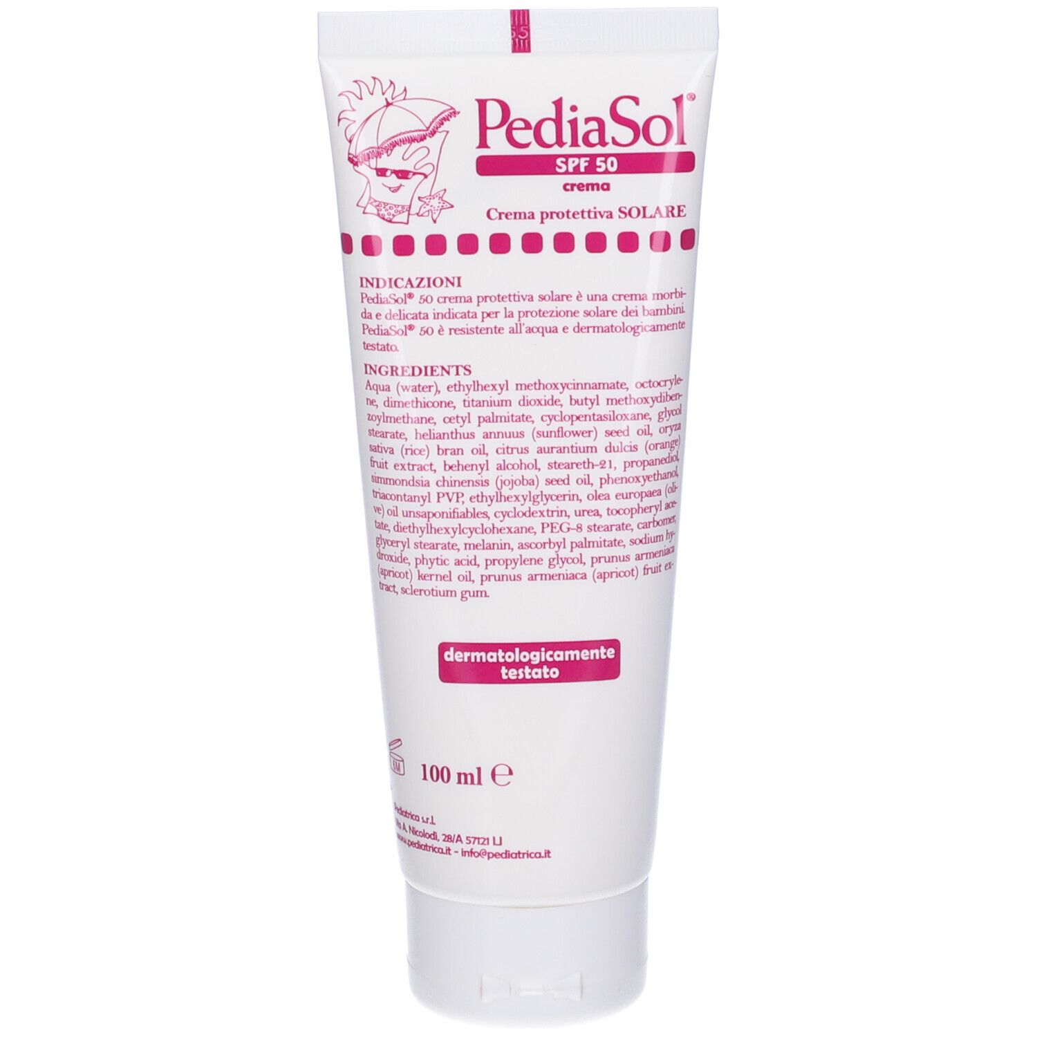 Tubo bianco con nome del prodotto e SPF 50. Testo in italiano. Ingredienti e indicazione del volume.