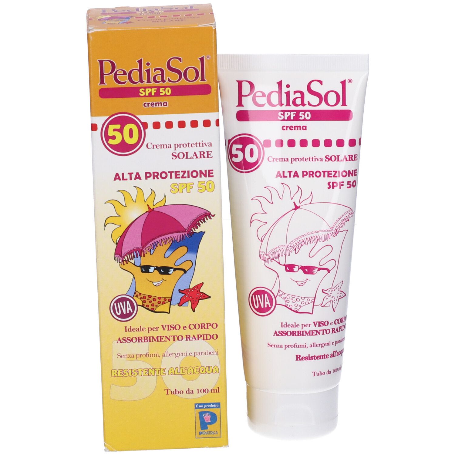 Prodotto e confezione. Tubo bianco e scatola gialla con nome del prodotto e SPF 50. Testo in italiano.
