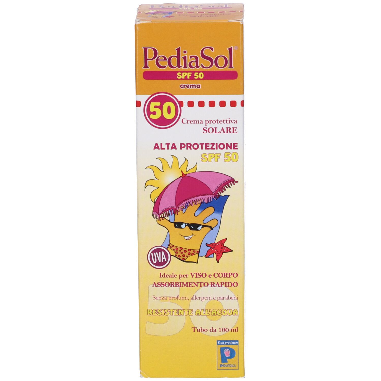 Scatola gialla con nome del prodotto e SPF 50. Testo in italiano. Illustrazione di un ombrellone.