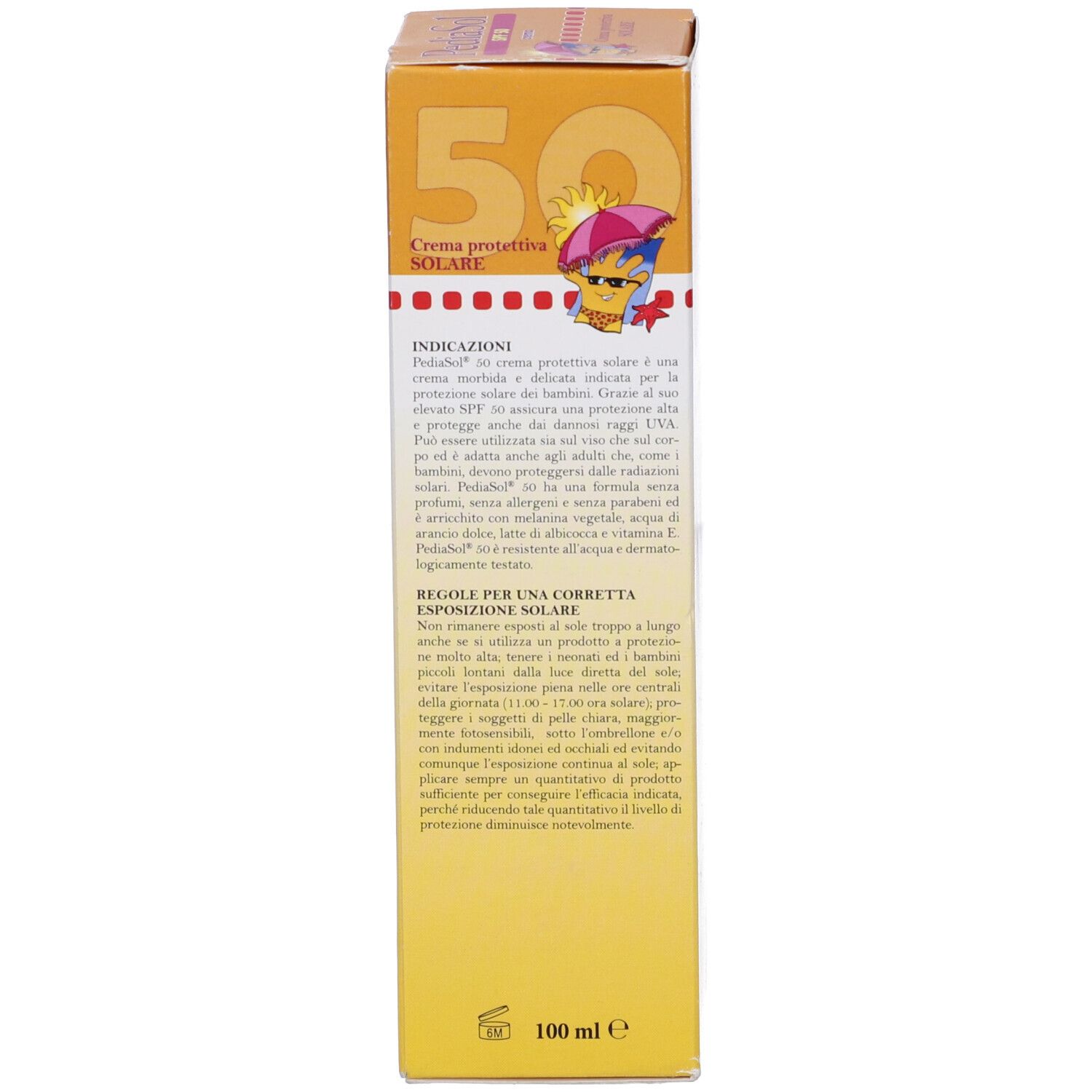 Scatola gialla con nome del prodotto e SPF 50. Testo in italiano. Informazioni sul prodotto e istruzioni per l'uso.