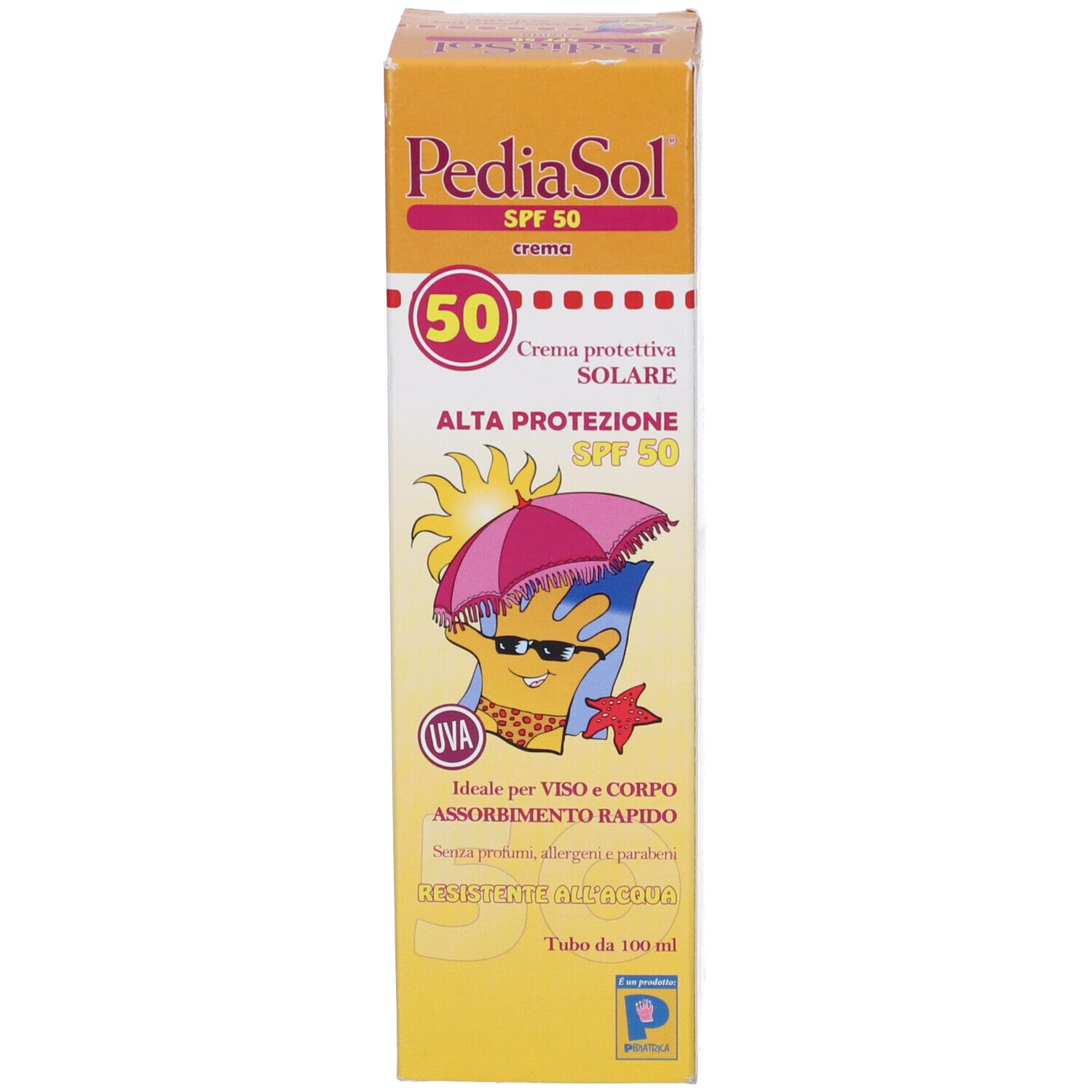 Scatola gialla con nome del prodotto e SPF 50. Testo in italiano. Informazioni sul prodotto e istruzioni per l'uso.