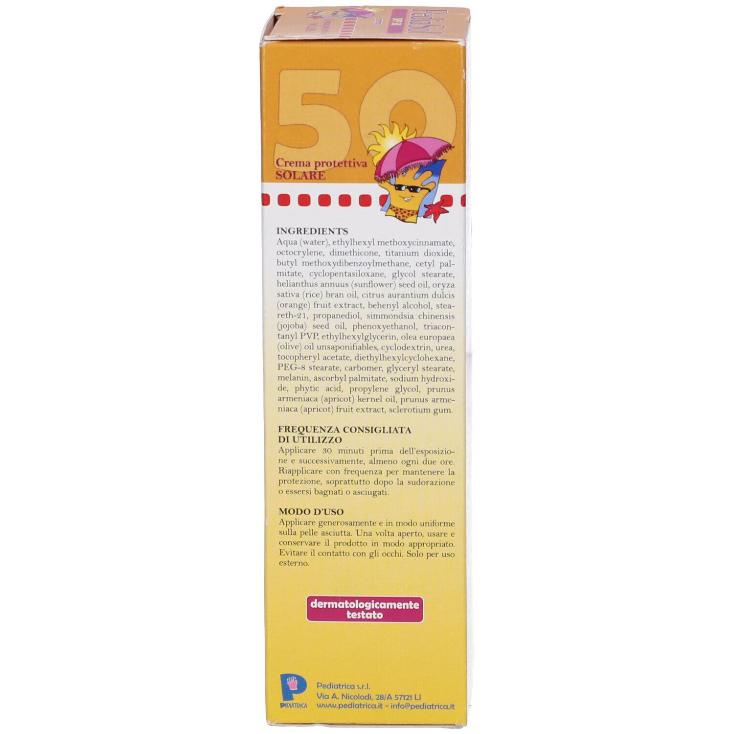Scatola gialla con nome del prodotto e SPF 50. Testo in italiano. Ingredienti e istruzioni per l'uso.