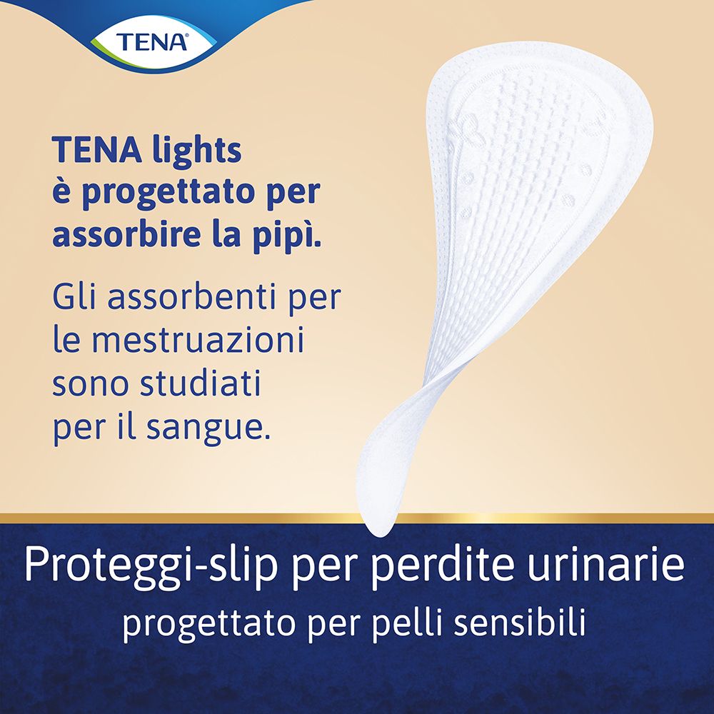 Slipeinlage. Text: TENA lights ist für die Aufnahme von Urin konzipiert. Für empfindliche Haut.