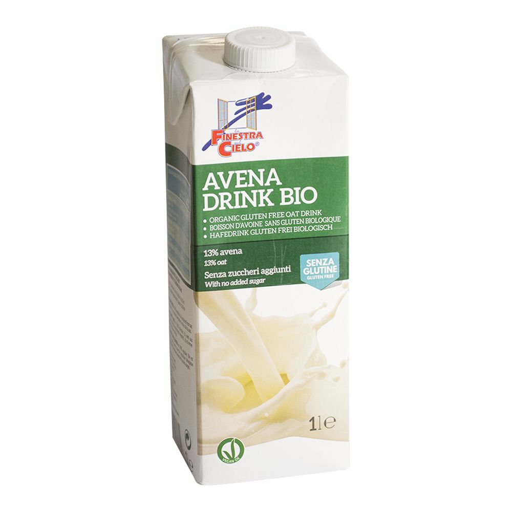 Confezione Avena Drink Bio. Contiene 13% avena, senza zuccheri aggiunti. Senza glutine. 1 litro.