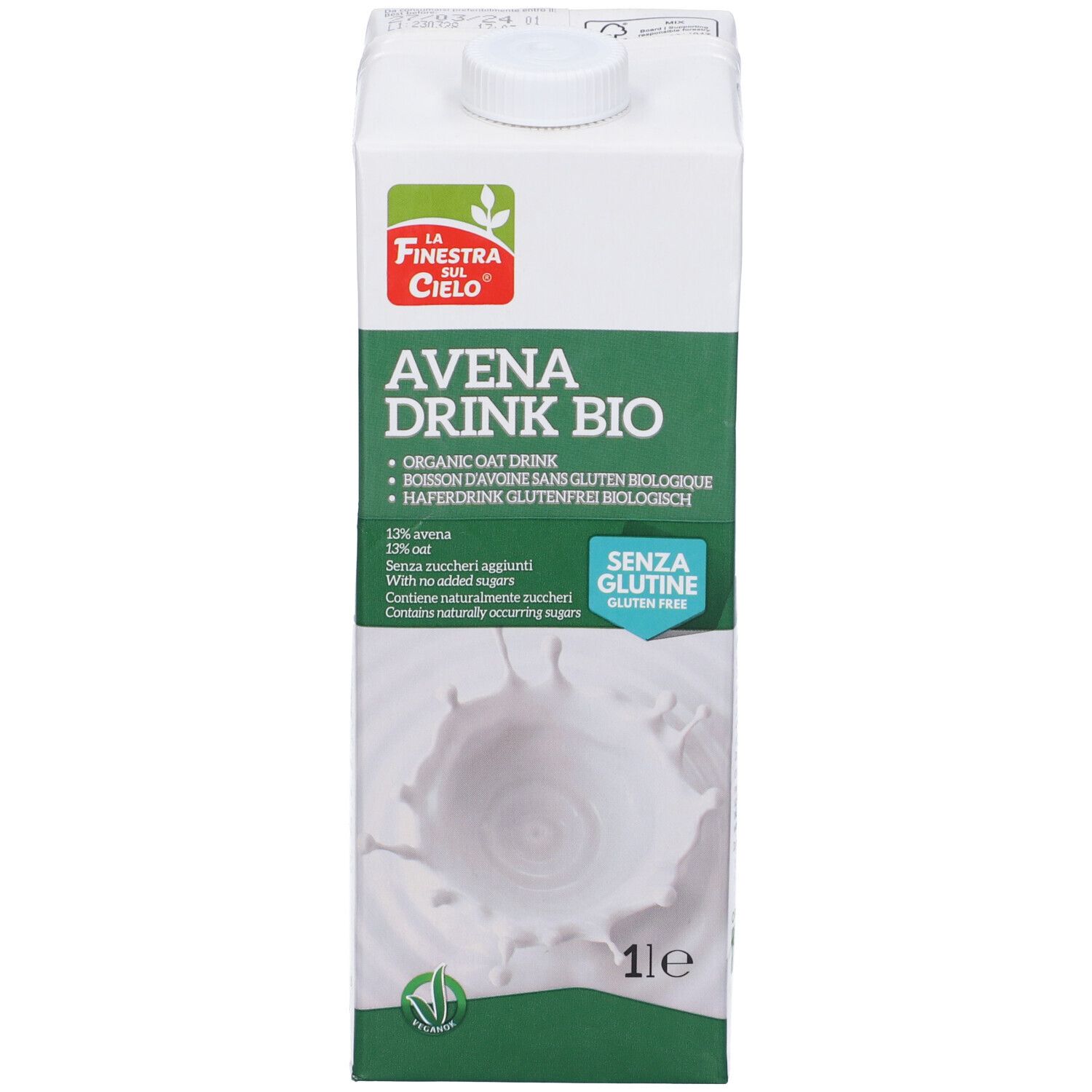 Confezione Avena Drink Bio. Contiene 13% avena, senza zuccheri aggiunti. Senza glutine. 1 litro.