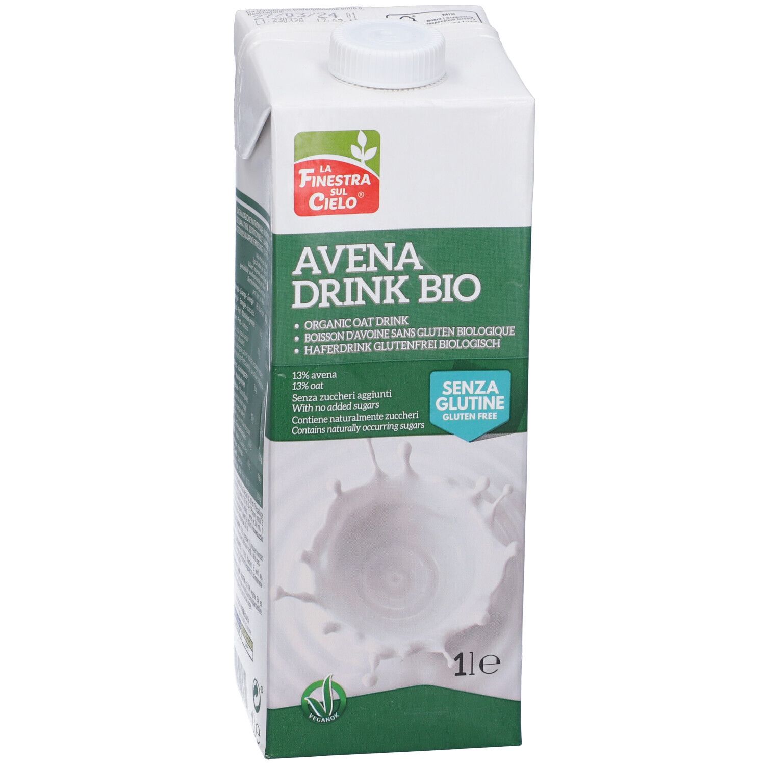 Confezione Avena Drink Bio. Contiene 13% avena, senza zuccheri aggiunti. Senza glutine. 1 litro.