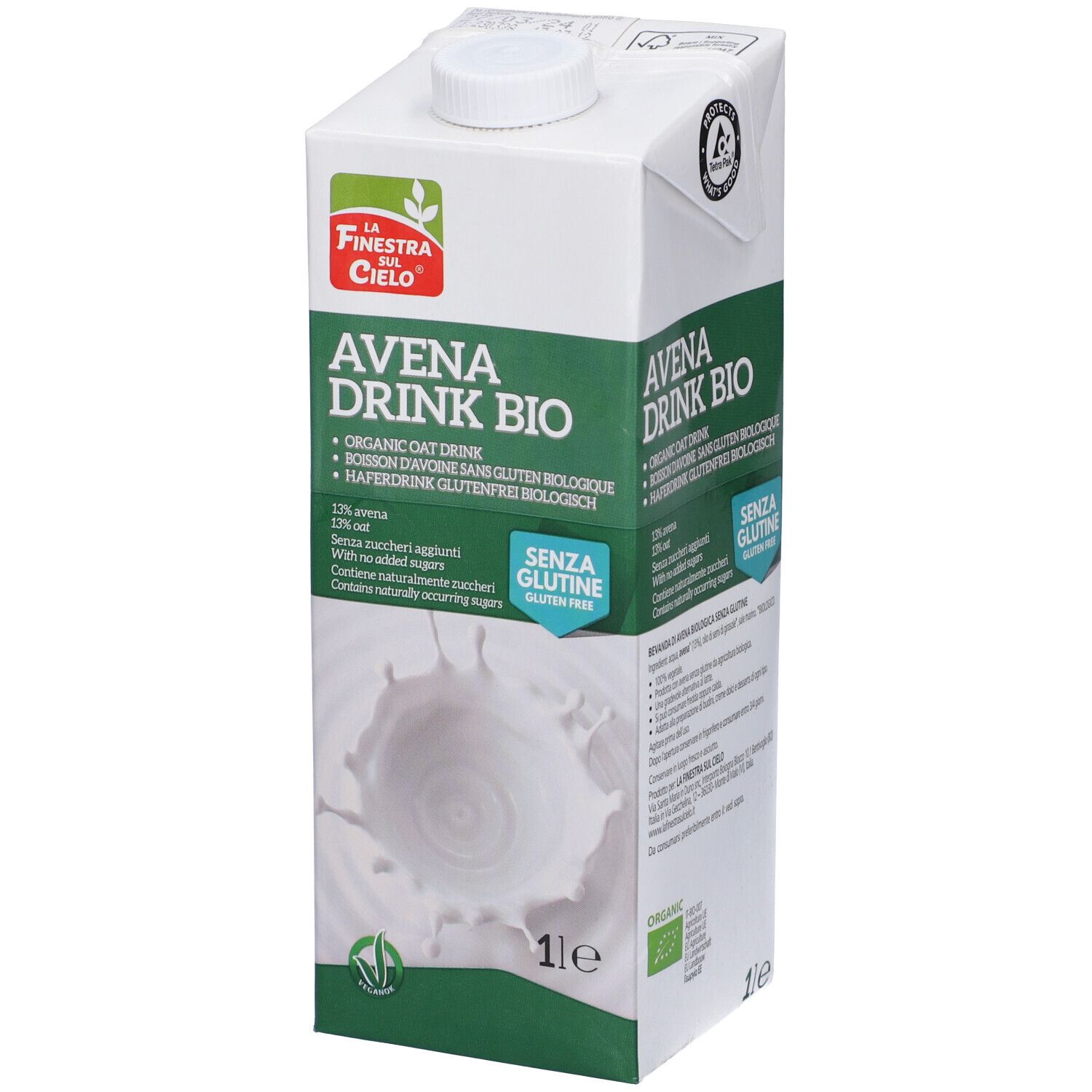 Confezione Avena Drink Bio. Contiene 13% avena, senza zuccheri aggiunti. Senza glutine. 1 litro.
