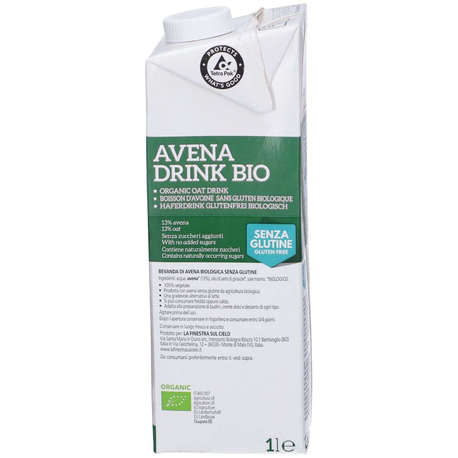 Confezione Avena Drink Bio. 13% avena, senza zuccheri aggiunti. Senza glutine. 1 litro. Logo Tetra Pak.