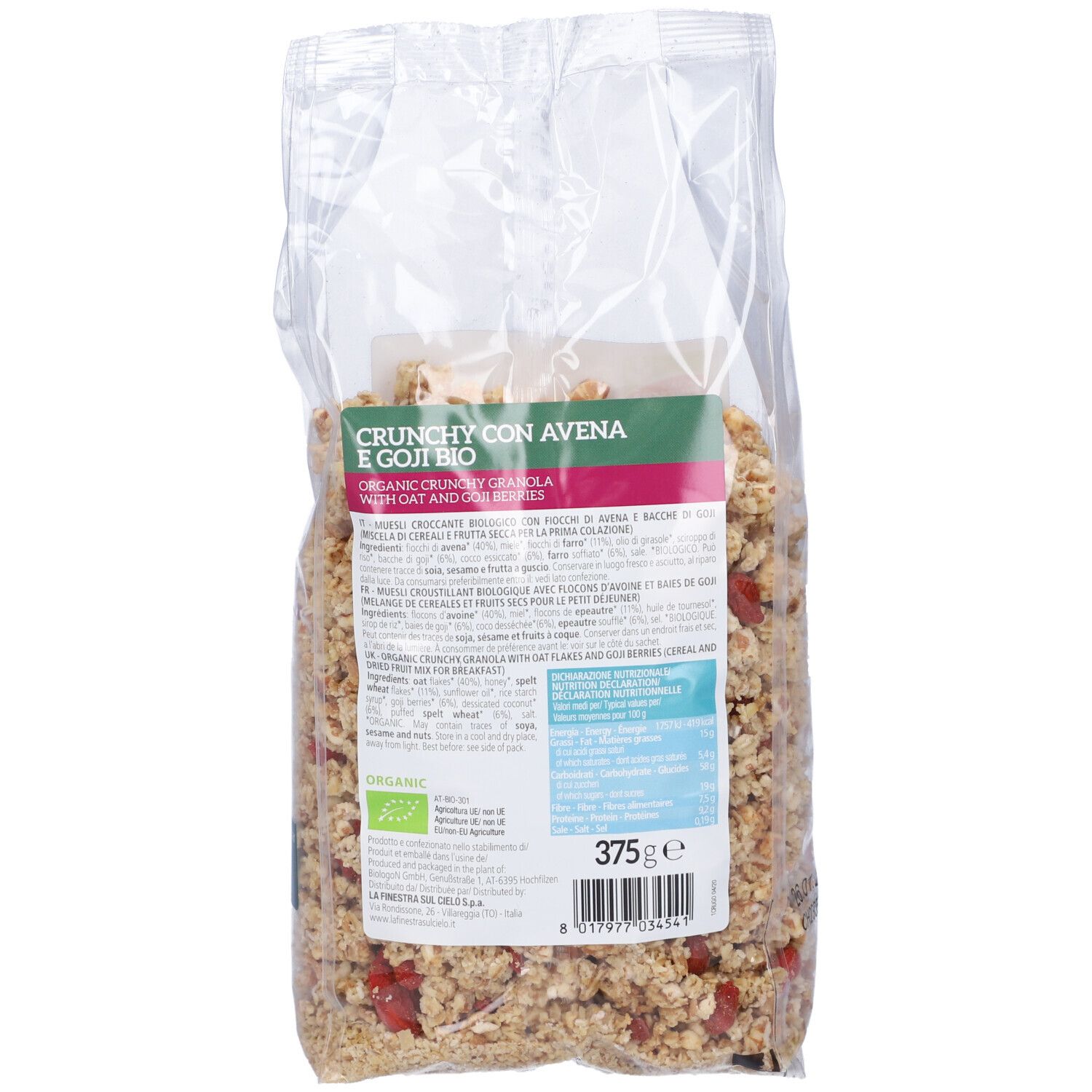 Confezione trasparente di granola. Scritta: Crunchy con Avena e Goji Bio, senza olio di palma. Retro con testo e indicazione 375g.