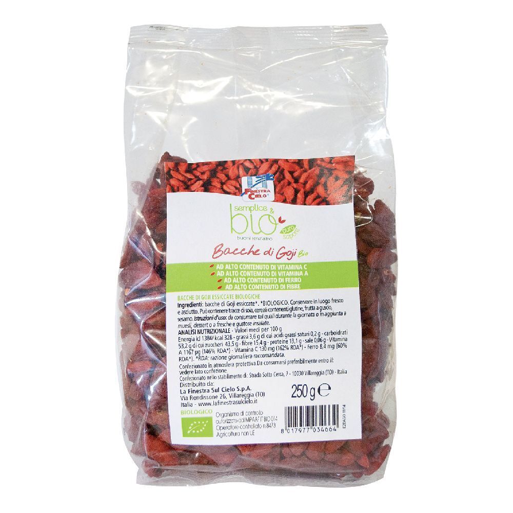 Confezione trasparente con bacche di Goji essiccate. Scritta: Semplice & Bio, Bacche di Goji, 250g, marchio bio. Bacche rosse visibili.