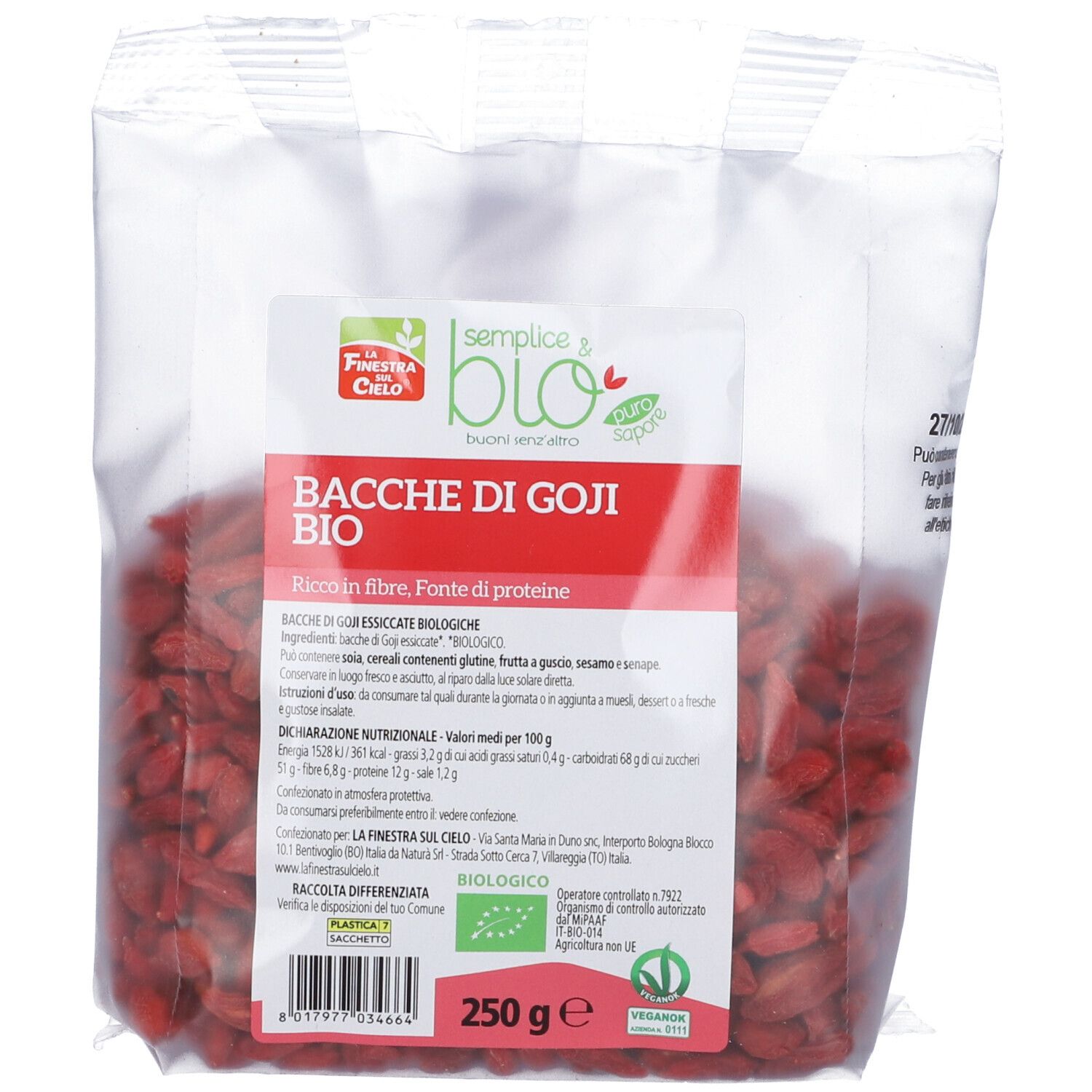 Confezione trasparente con bacche di Goji essiccate. Scritta: Semplice & Bio, Bacche di Goji, 250g, marchio bio. Bacche rosse visibili.