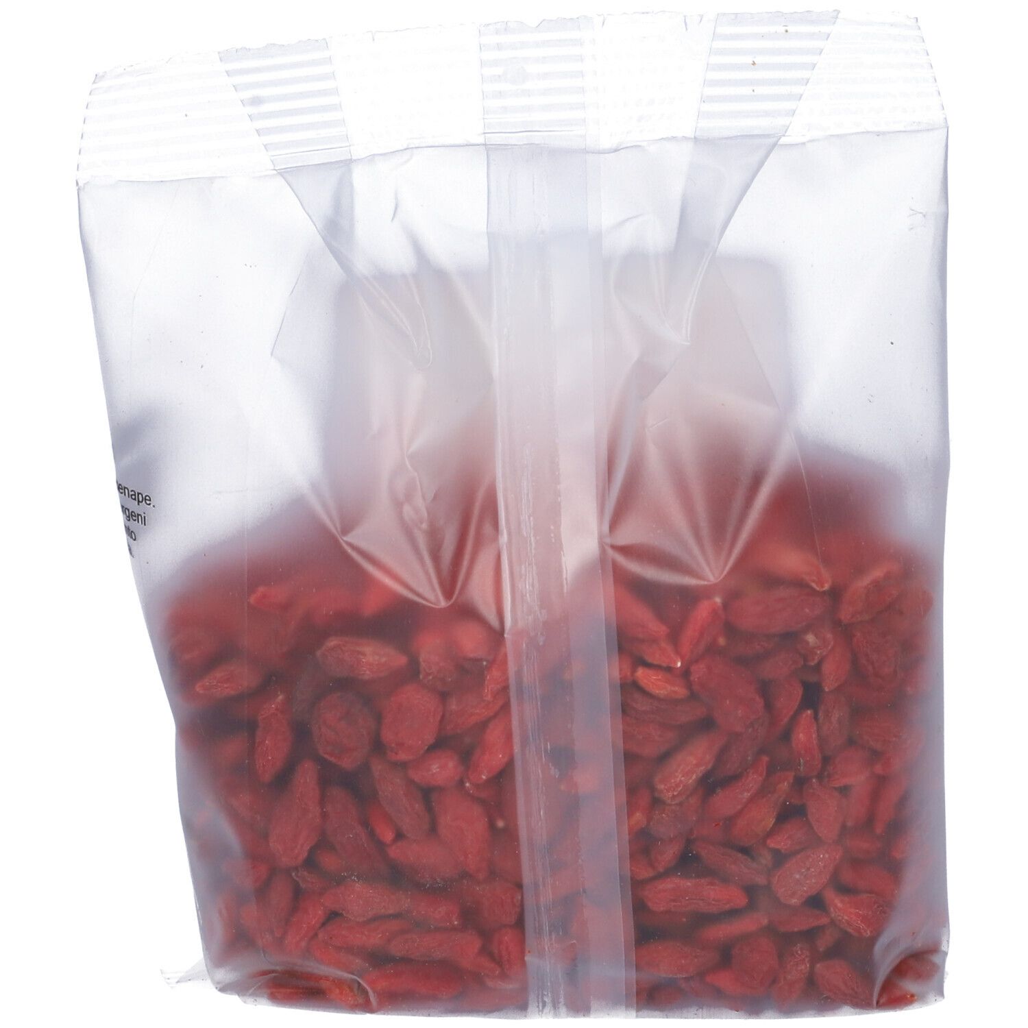Confezione trasparente con bacche di Goji essiccate. Bacche rosse visibili. Confezione parzialmente aperta.