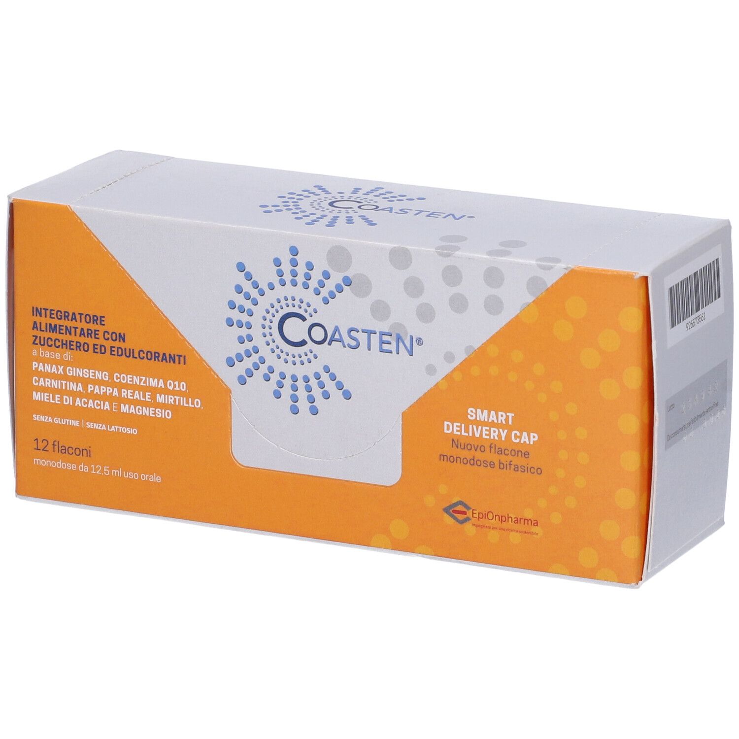 Confezione COASTEN® bianca e arancione. Nome del prodotto e ingredienti visibili. Contiene 12 flaconi.