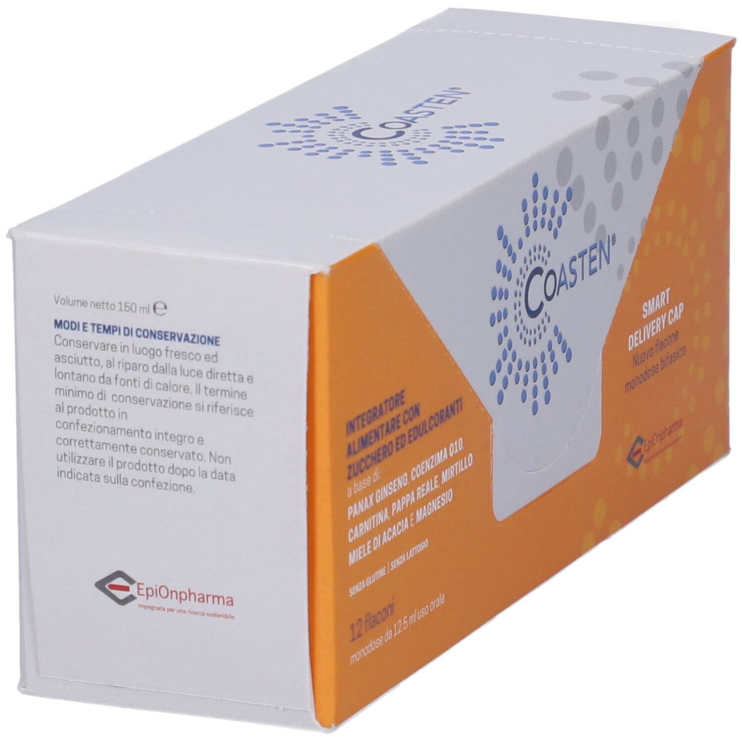 Confezione COASTEN® bianca e arancione. Nome del prodotto e ingredienti visibili. Vista laterale.