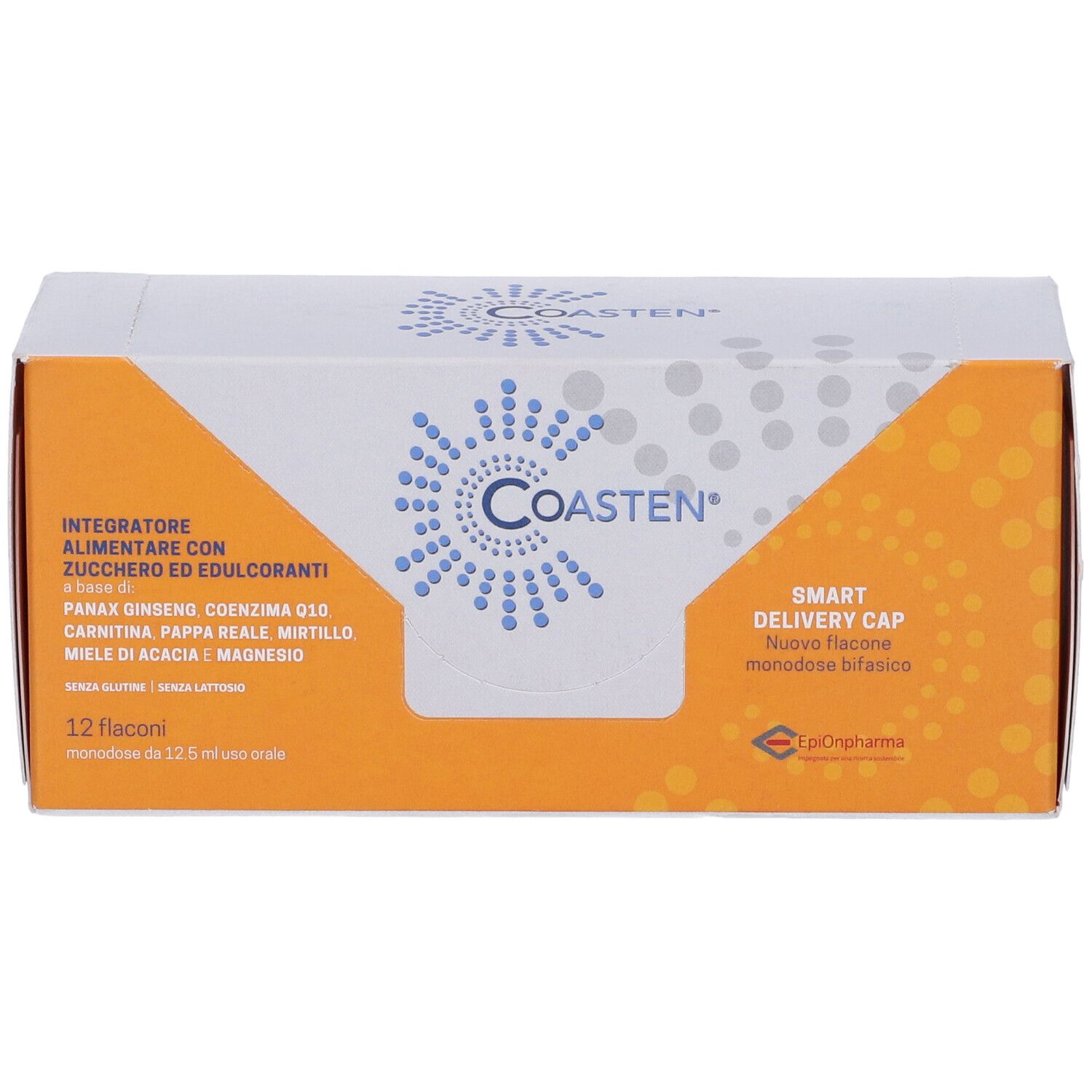 Confezione COASTEN® bianca e arancione. Nome del prodotto e ingredienti visibili. Contiene 12 flaconi.
