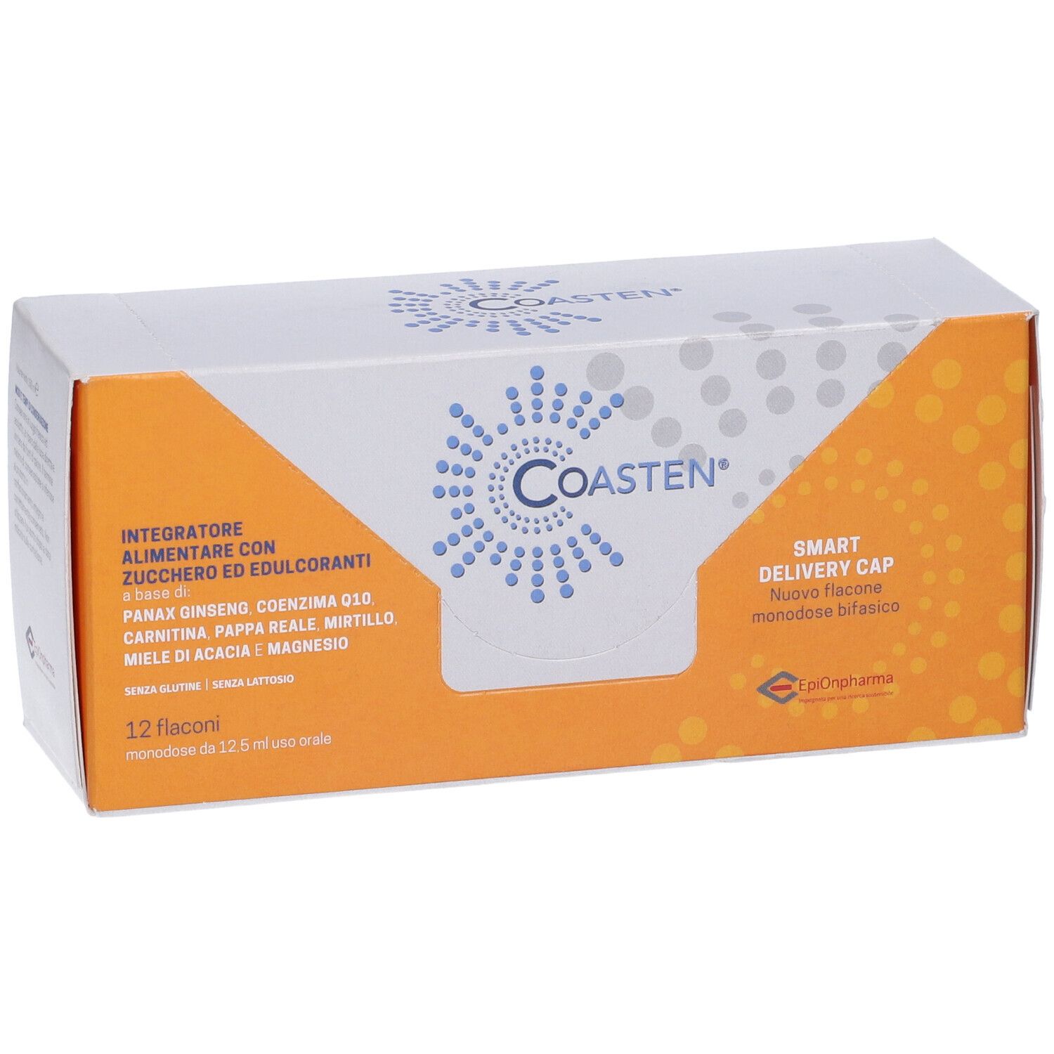 Confezione COASTEN® bianca e arancione. Nome del prodotto e ingredienti visibili. Contiene 12 flaconi.