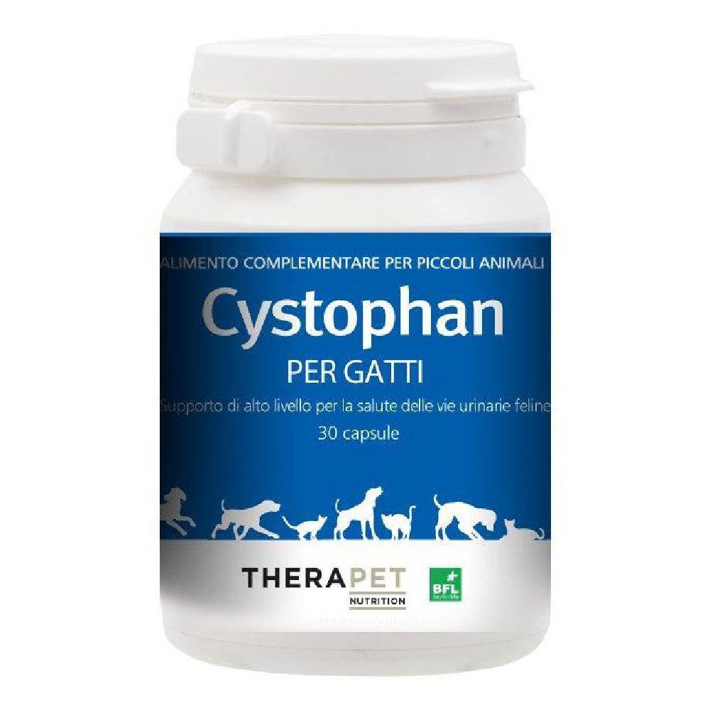 Flacone bianco con etichetta blu. Scritta Cystophan per gatti, 30 capsule. Marchio Therapet.