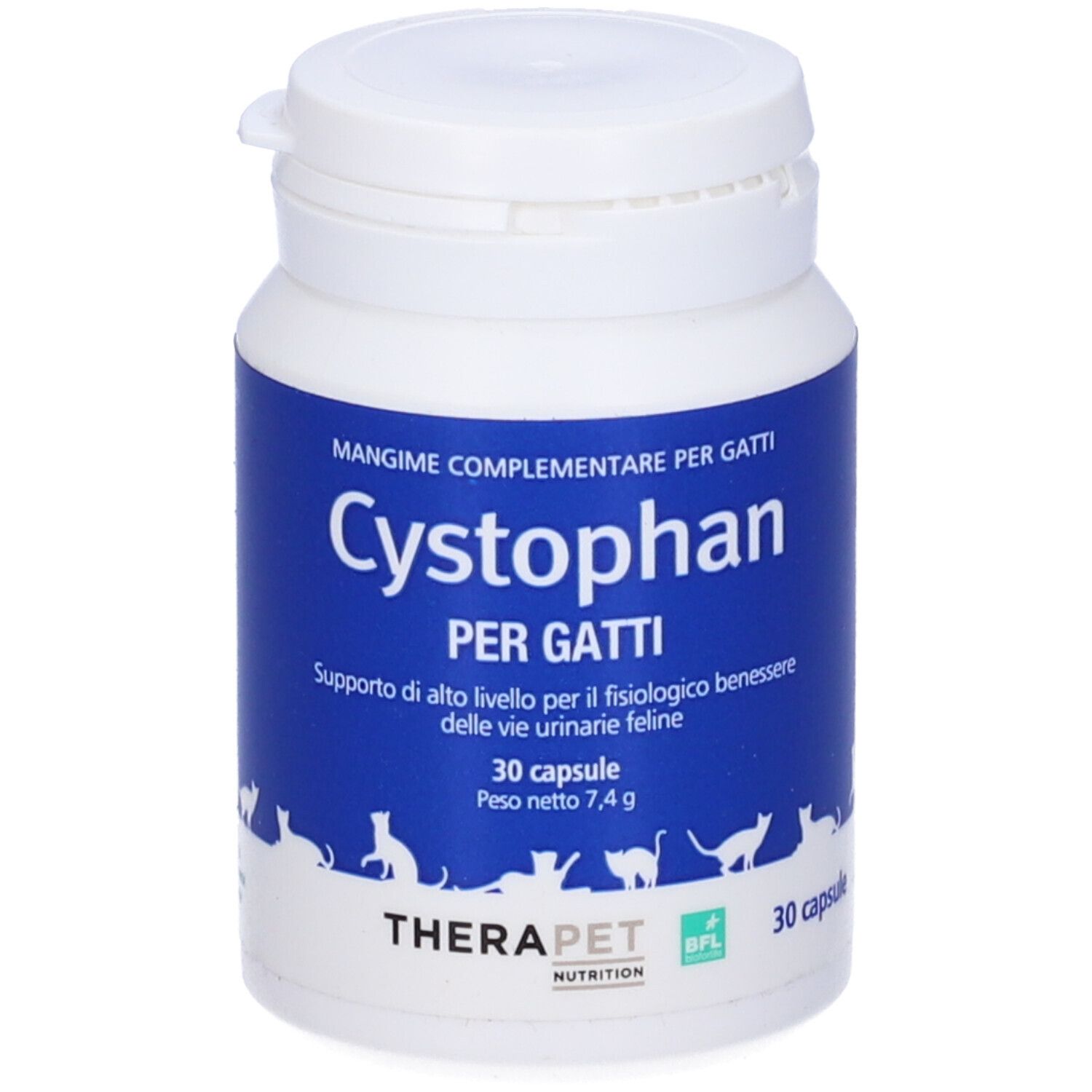 Flacone bianco con etichetta blu. Scritta Cystophan per gatti, 30 capsule. Marchio Therapet.