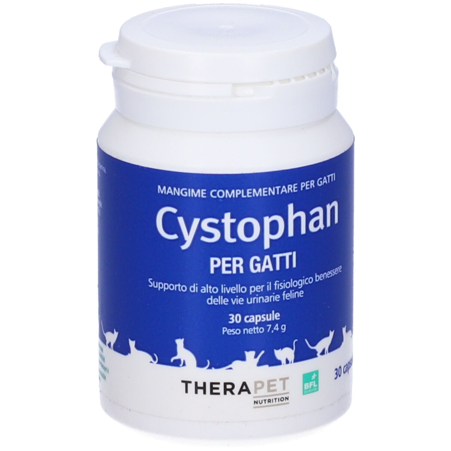 Flacone bianco con etichetta blu. Scritta Cystophan per gatti, 30 capsule. Marchio Therapet.