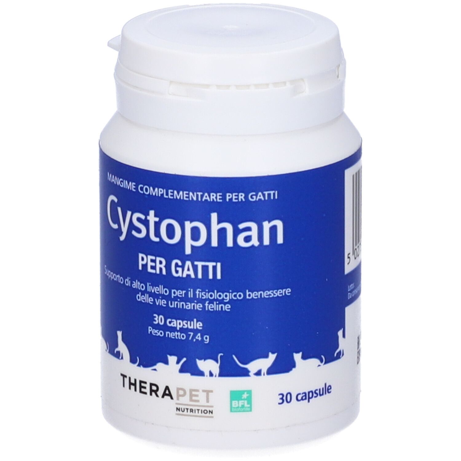 Flacone bianco con etichetta blu. Scritta Cystophan per gatti, 30 capsule. Marchio Therapet.