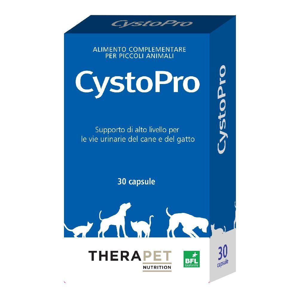 Scatola blu e bianca con logo "CystoPro" e testo. Contiene 30 capsule. Illustrazione di cani e gatti.