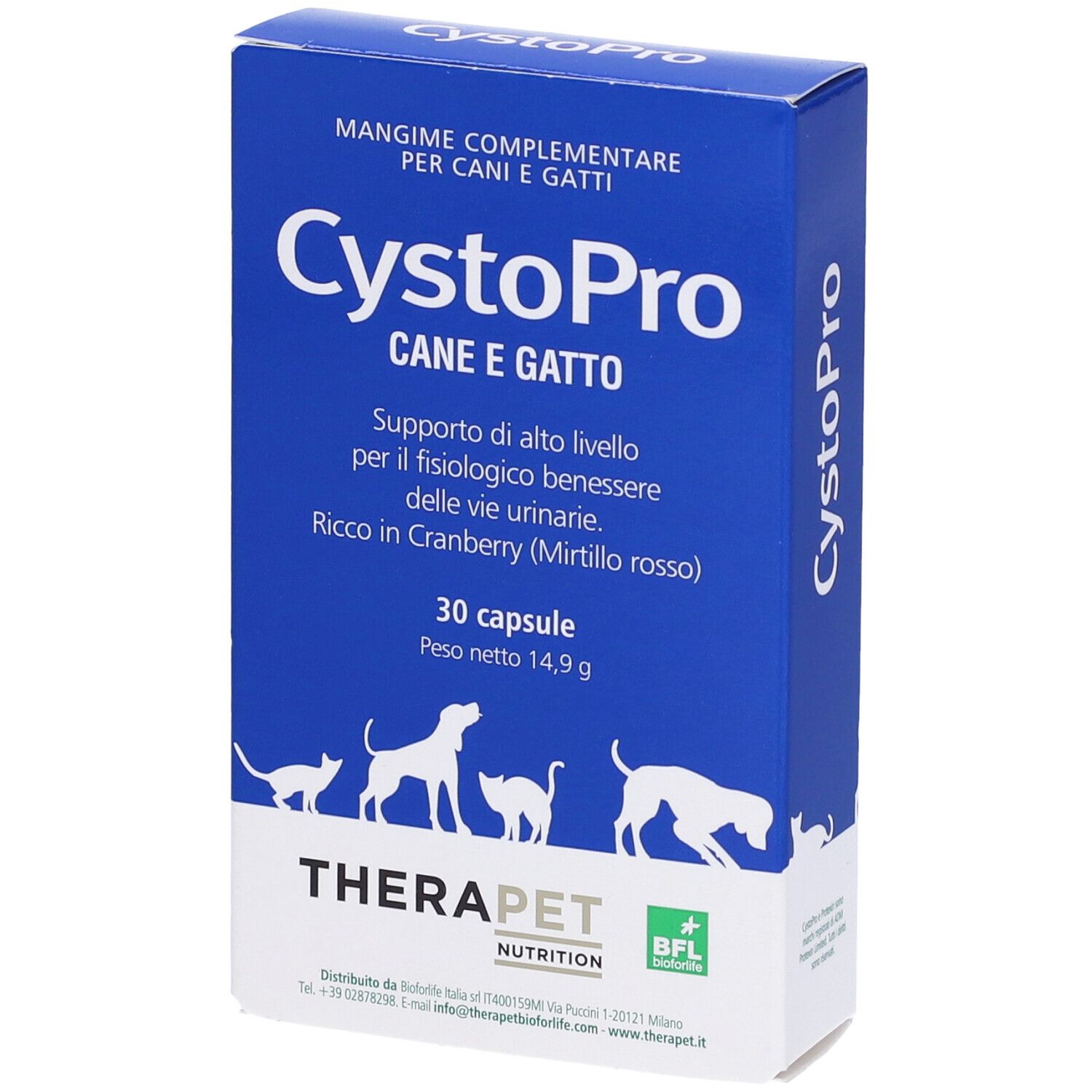 Scatola blu con logo "CystoPro" e testo. Contiene 30 capsule. Illustrazione di cani e gatti.