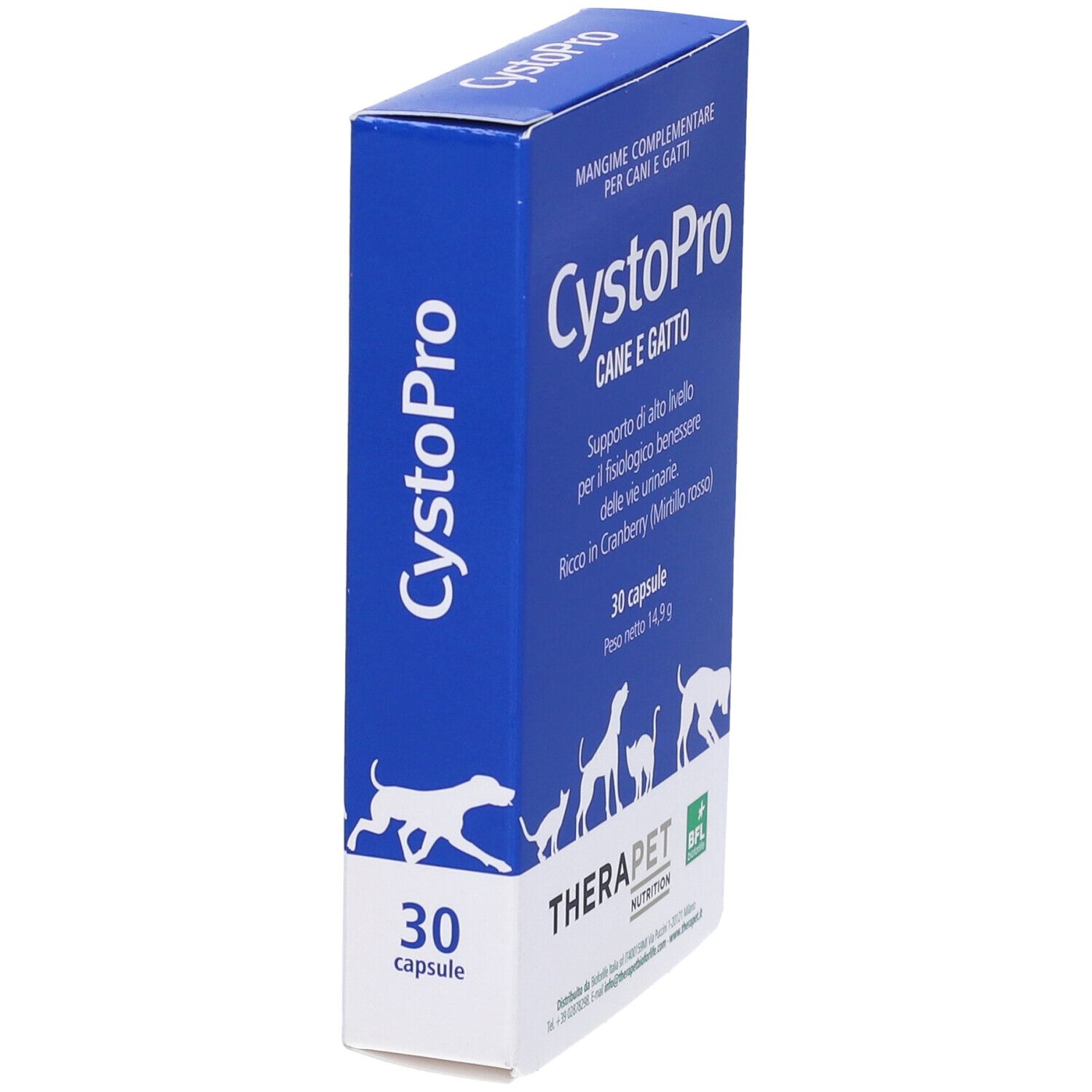 Scatola blu con logo "CystoPro" e testo. Contiene 30 capsule. Illustrazione di cani e gatti.